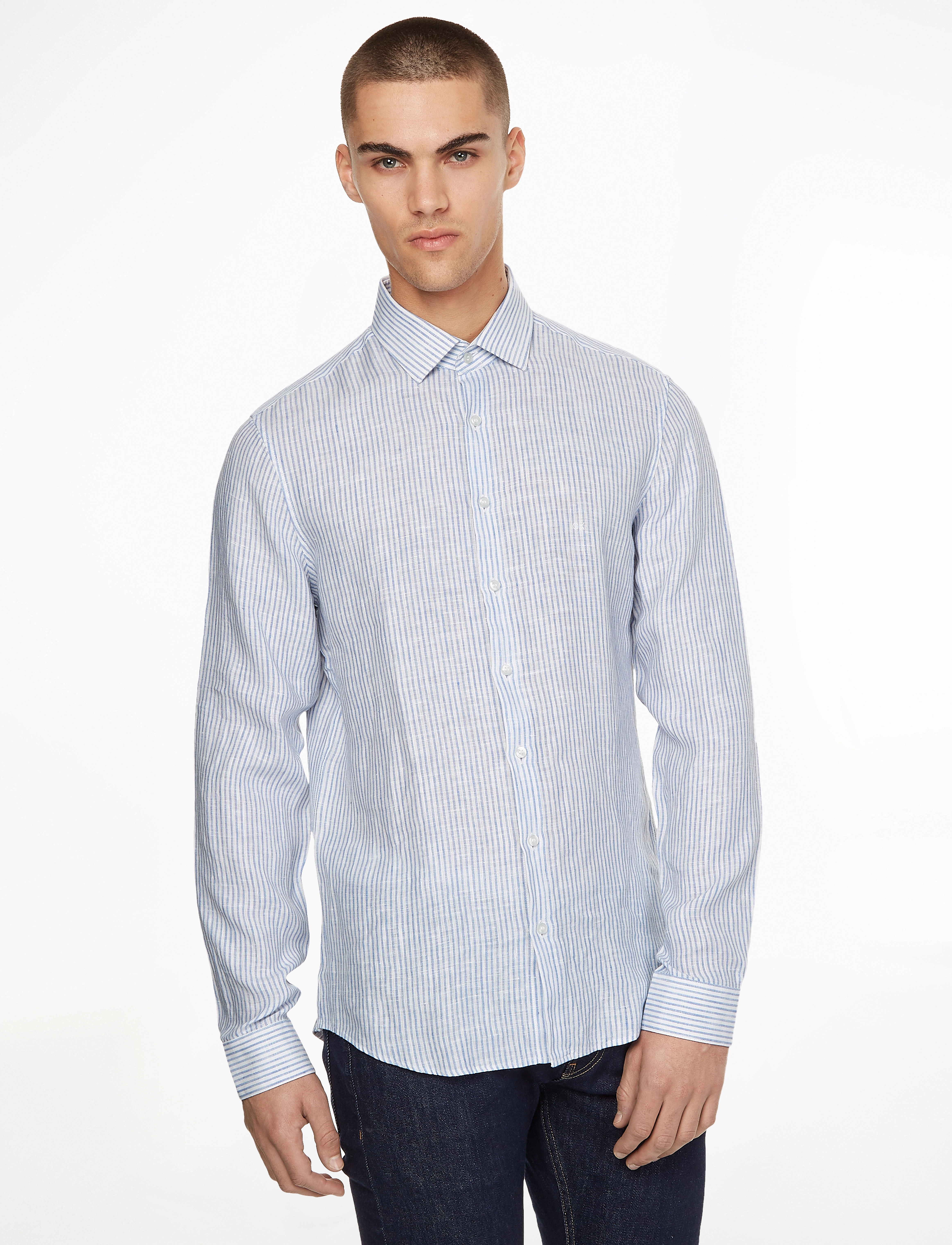 Calvin Klein - LINEN STRIPE SLIM SHIRT - blue - 0
