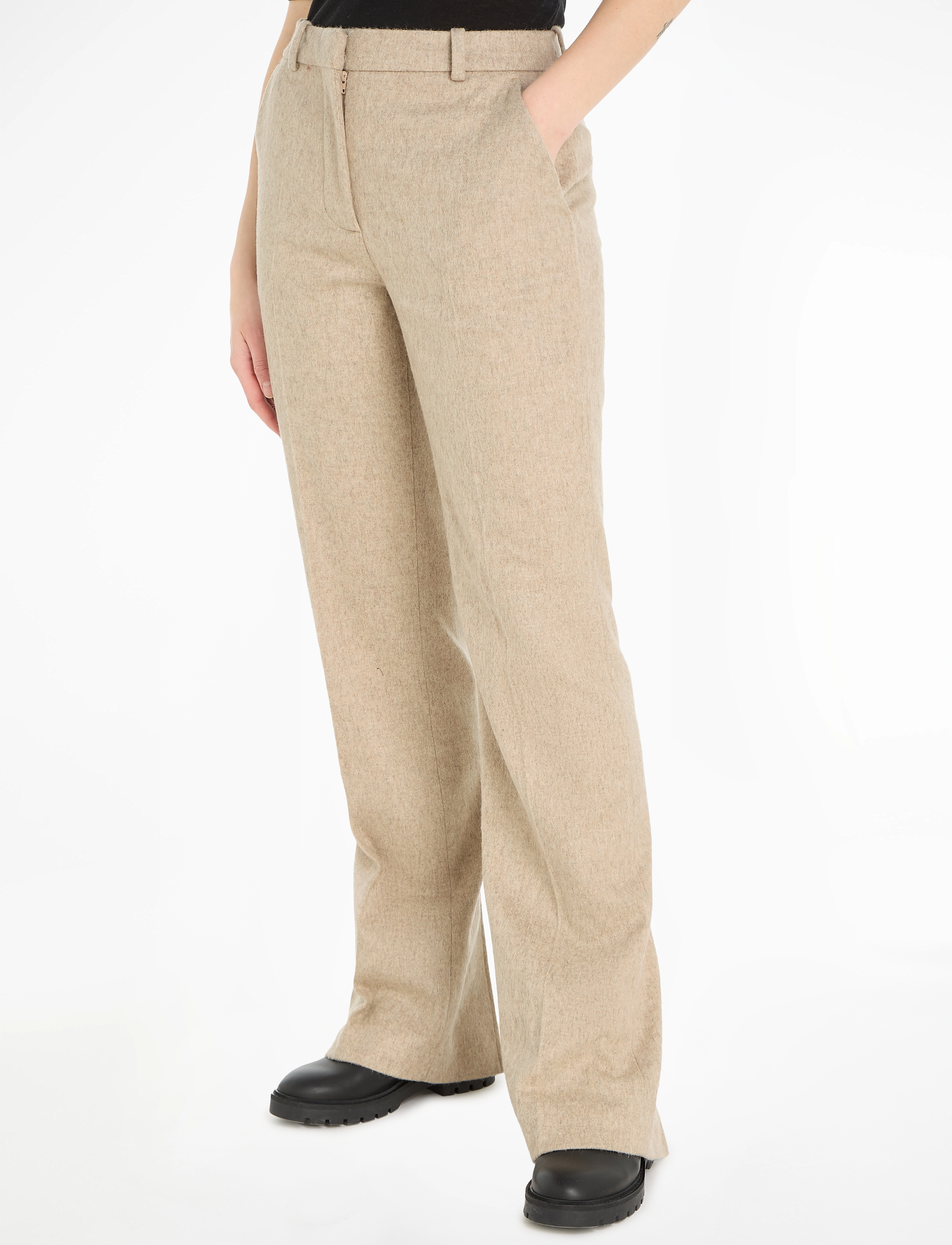 Calvin Klein Flannel Wool Slim Straight Pants, 36, Trousers, Beige - Leg, Frauen