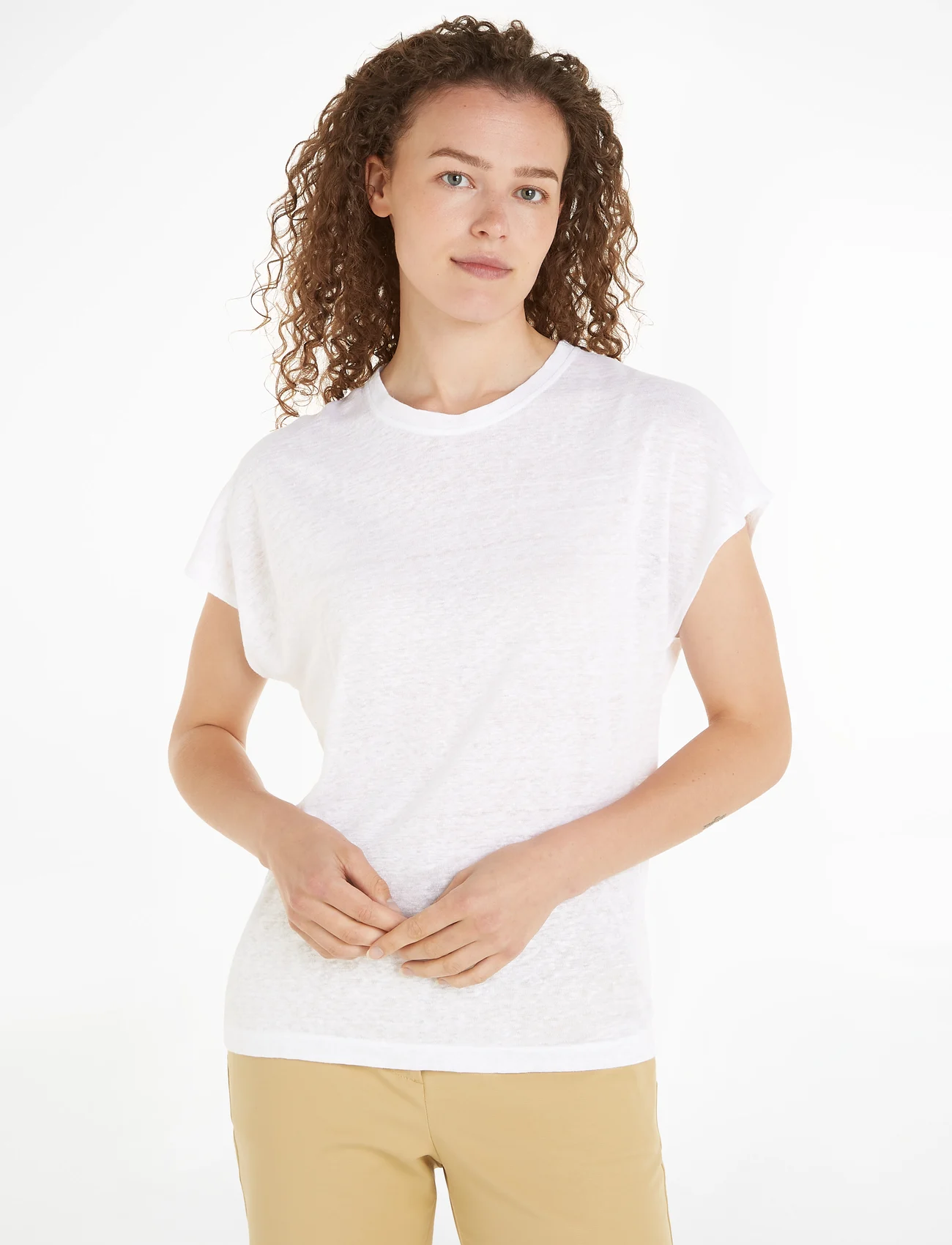 Calvin Klein - LINEN BLEND C-NK TOP SS - marškinėliai - bright white - 1
