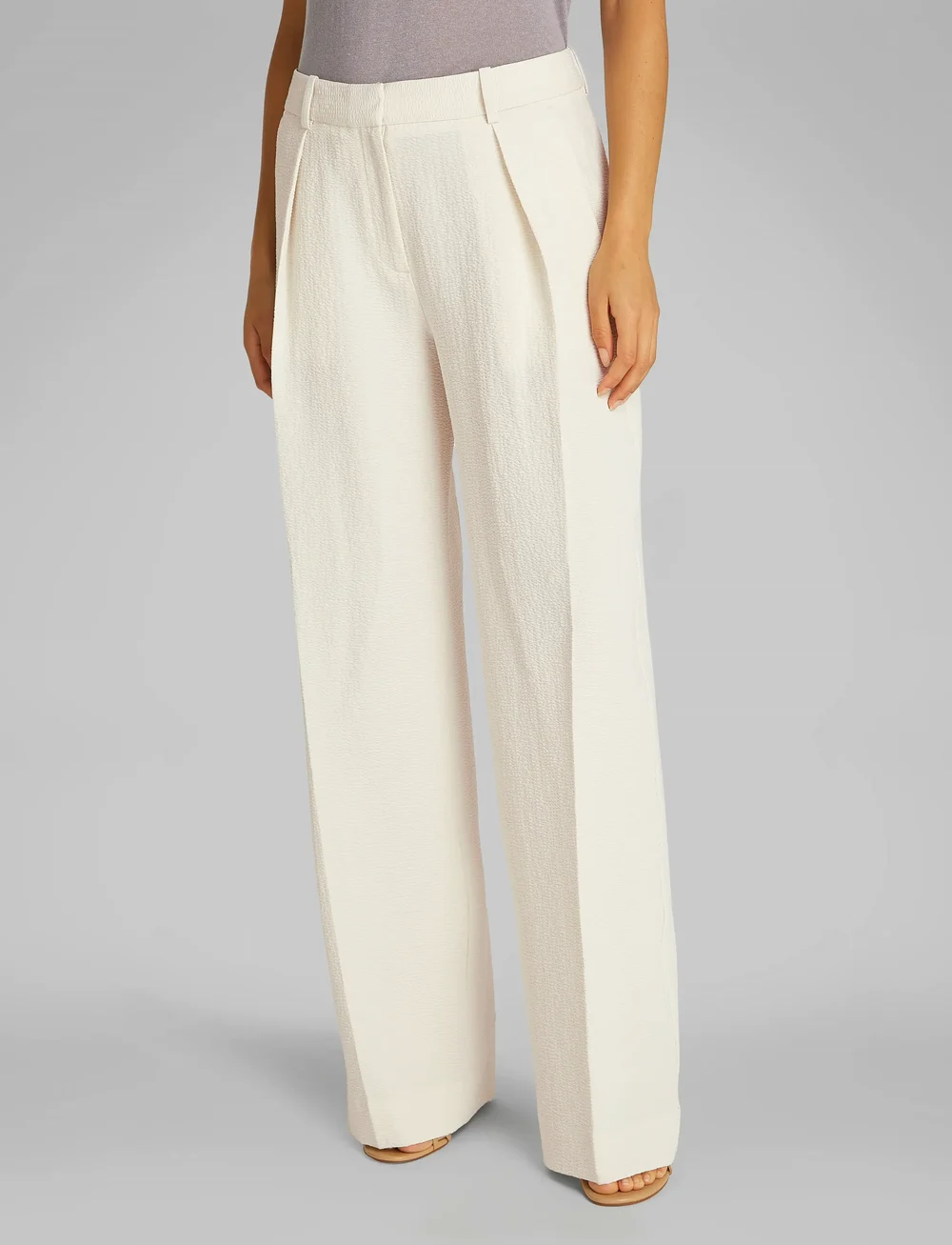 Calvin Klein - SOFT SEERSUCKER WIDE LEG - laia säärega püksid - chalk - 0