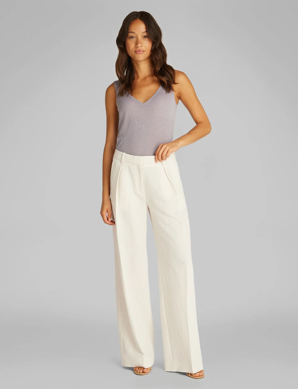 Calvin Klein - SOFT SEERSUCKER WIDE LEG - laia säärega püksid - chalk - 4
