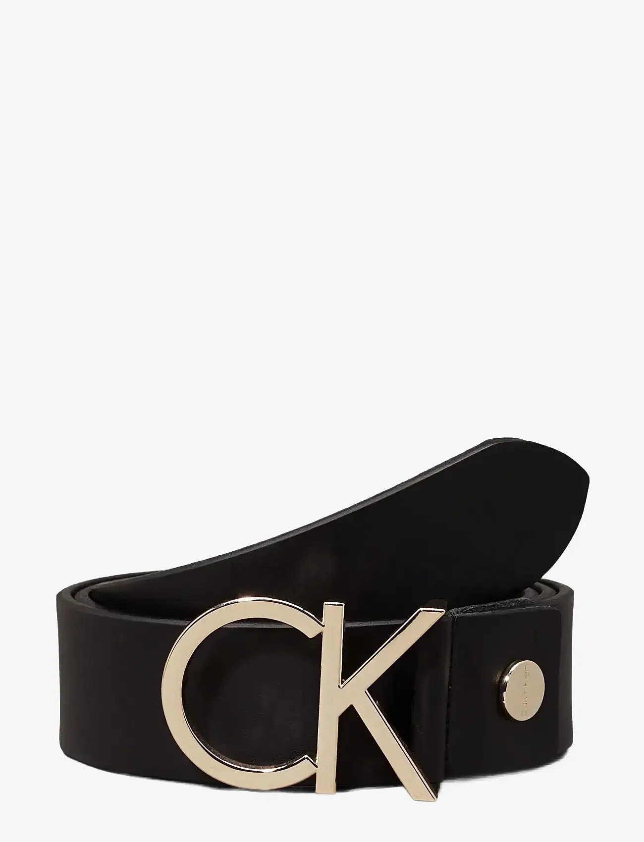 Calvin Klein - CK ADJ.LOGO BELT 3.5CM - Ādas jostas - black leather & light gold buckle - 3