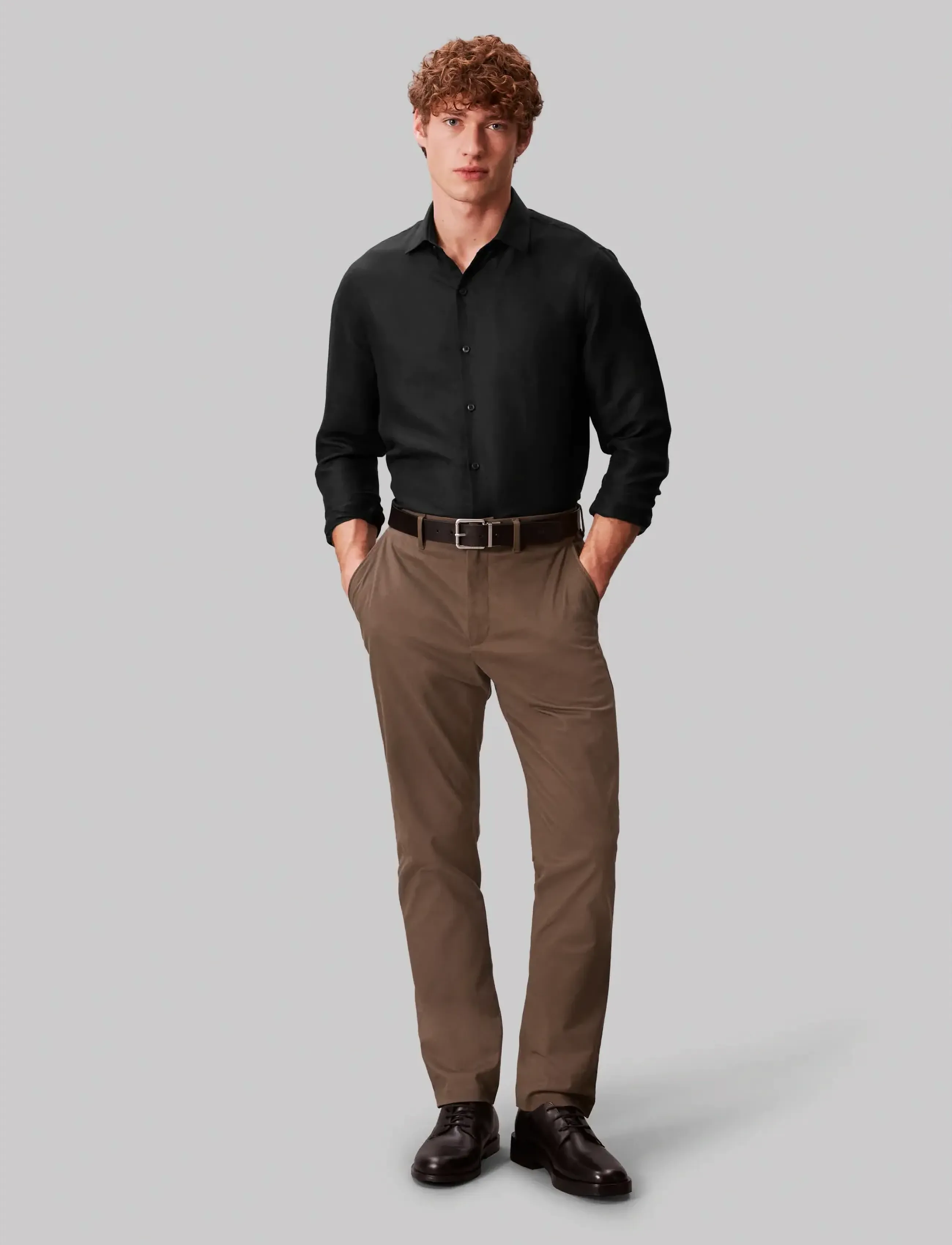 Calvin Klein Slim Ref Linen Bld Sld, 38, Shirts, Schwarz - Business Männerswear