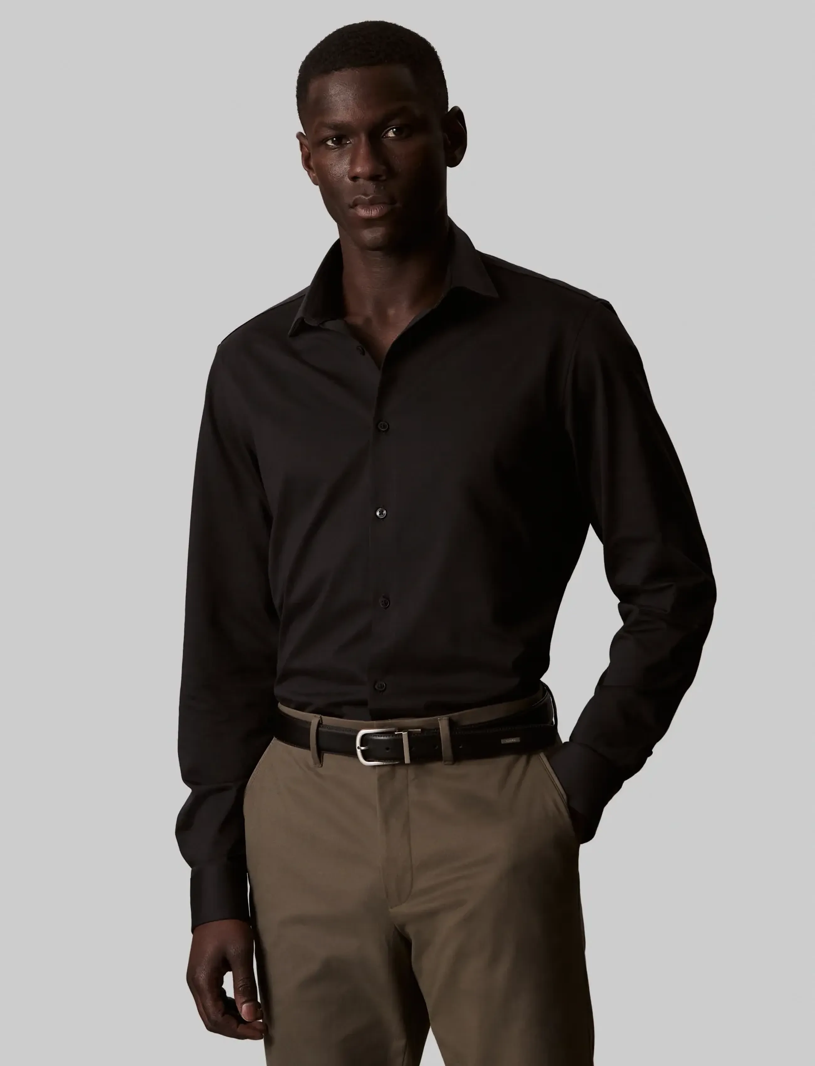 Calvin Klein Slim Ref Knit Sld, 42, Shirts, Schwarz - Business Männerswear