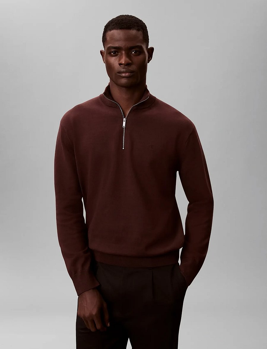 Calvin Klein - LS SUPIMA QZ SWEATER 12GG - half zip jumpers - rich brown - 0