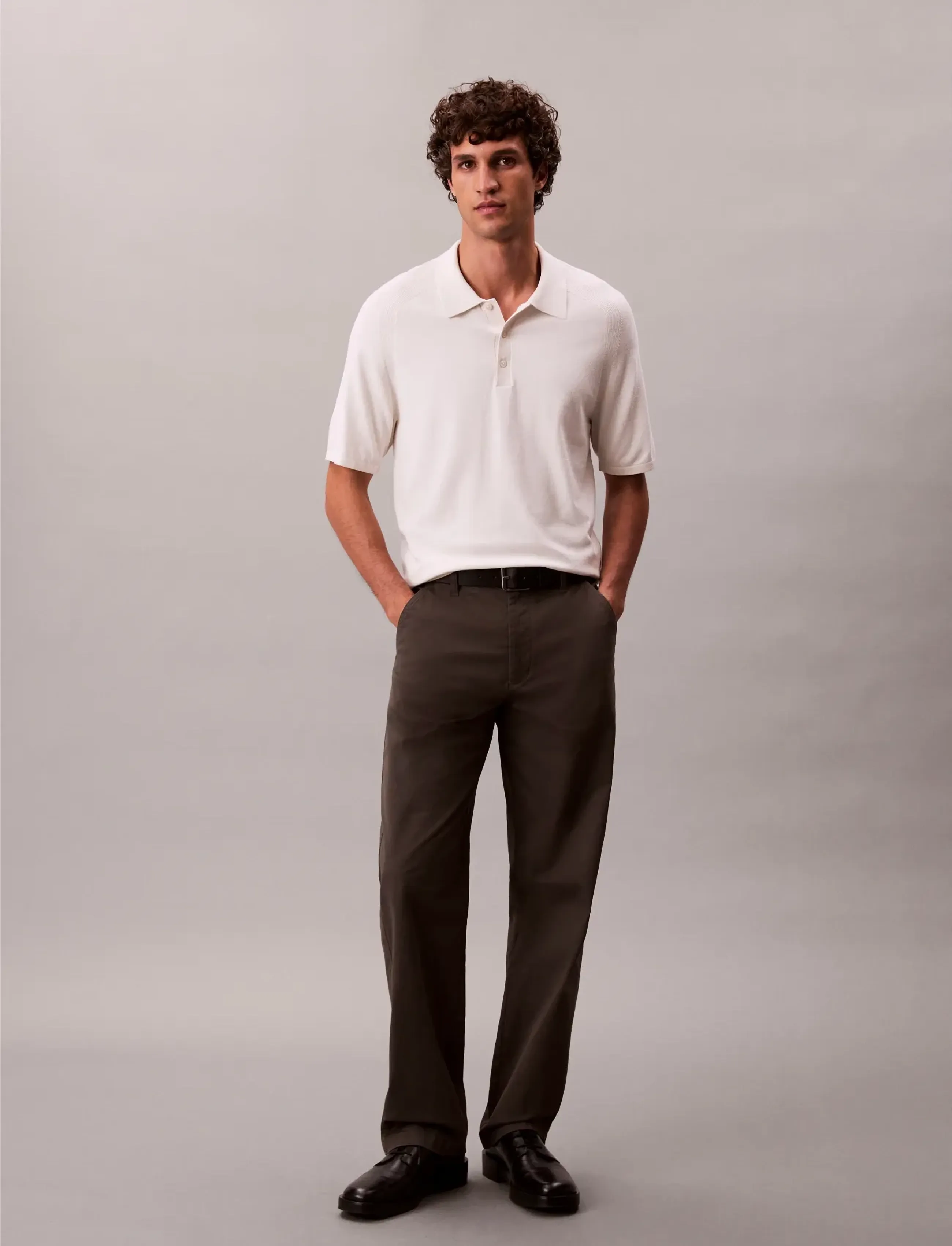 Calvin Klein SS CK TECH KNIT SWEATER POLO 14G - Clothing - CHALK / white