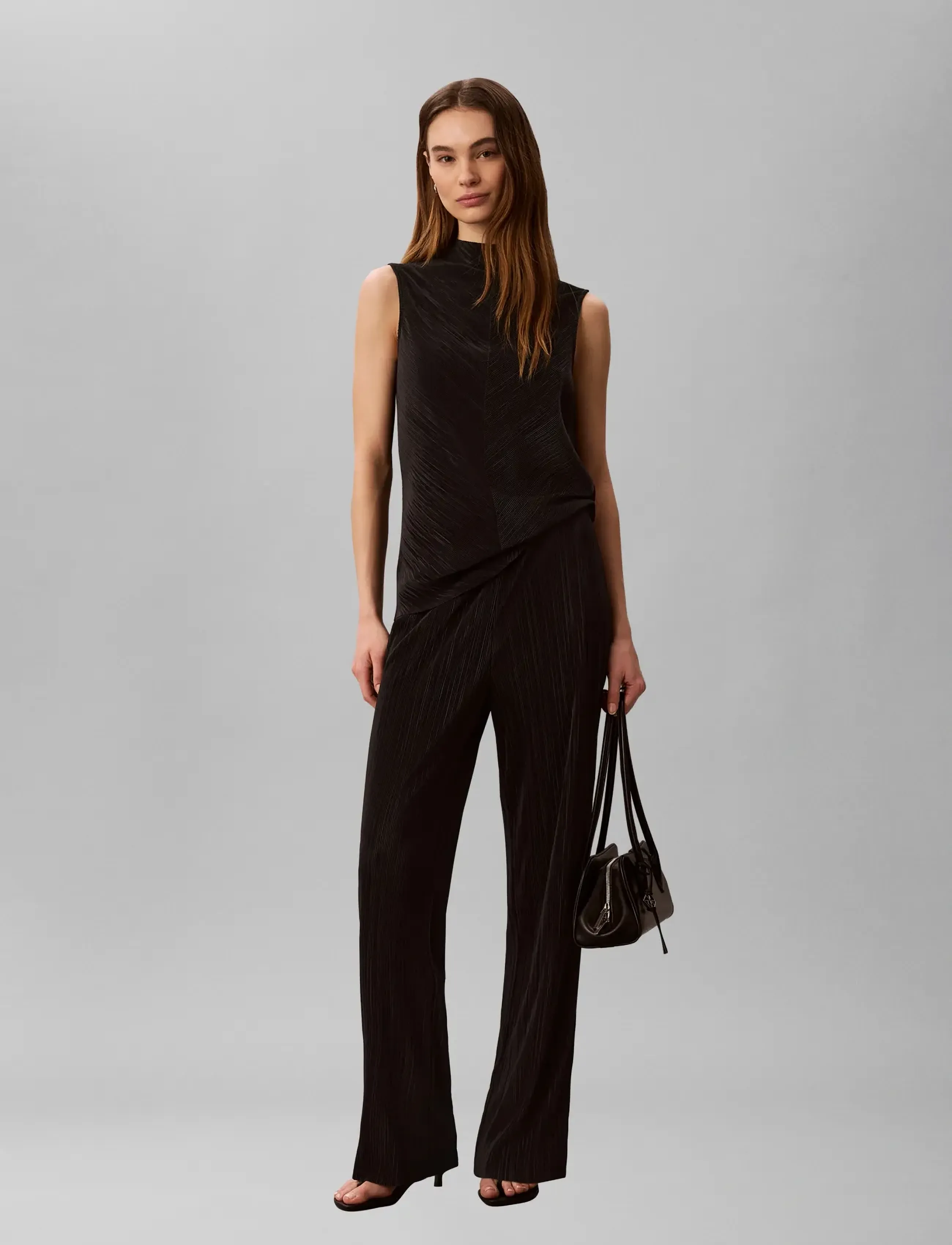 Calvin Klein Plisse Pull On Pant, M, Trousers, Schwarz - Straight Leg, Frauen