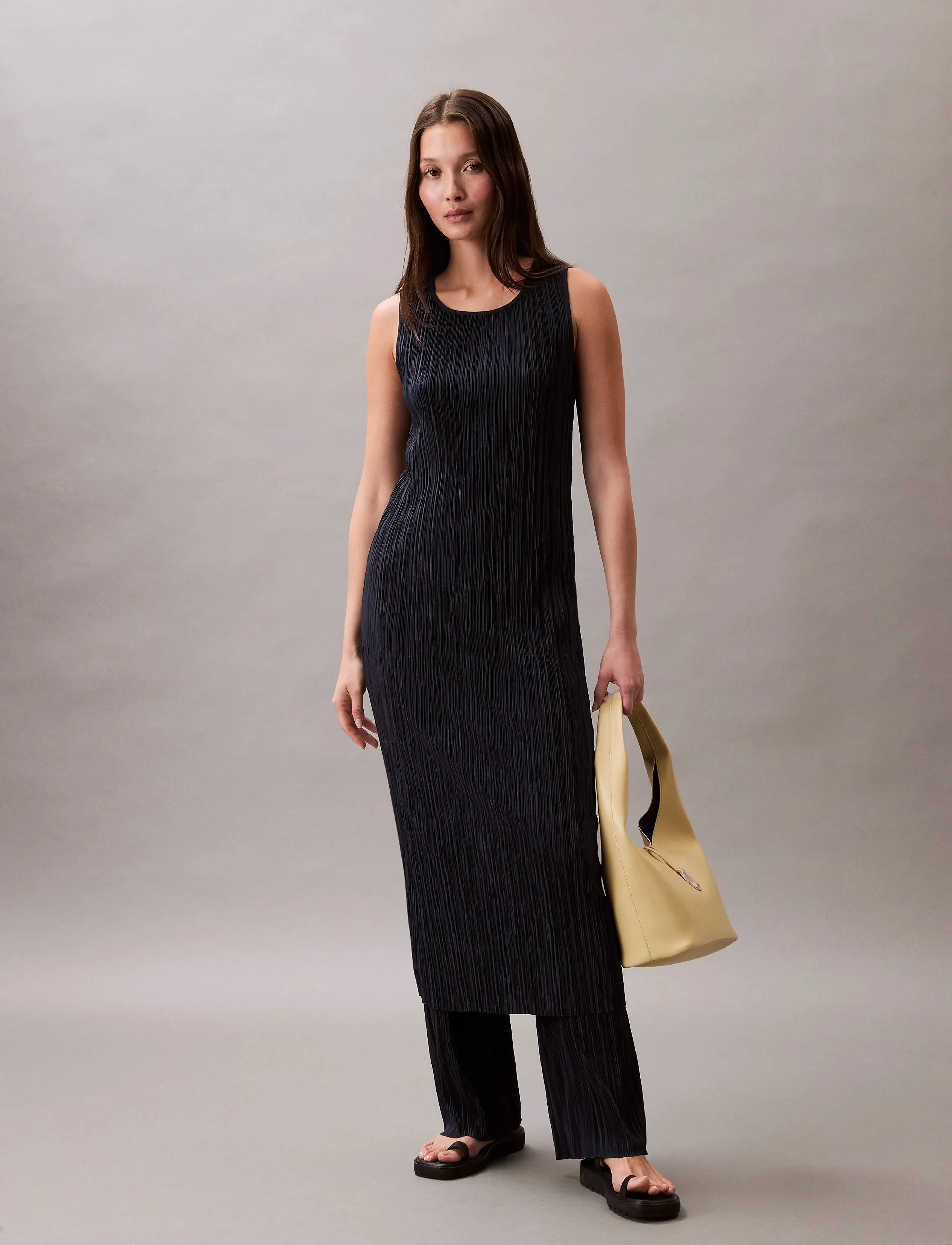 Calvin Klein Plisse Sl Midi Dress, XS, Dresses, Marineblau - Knee-length & Midi, Frauen