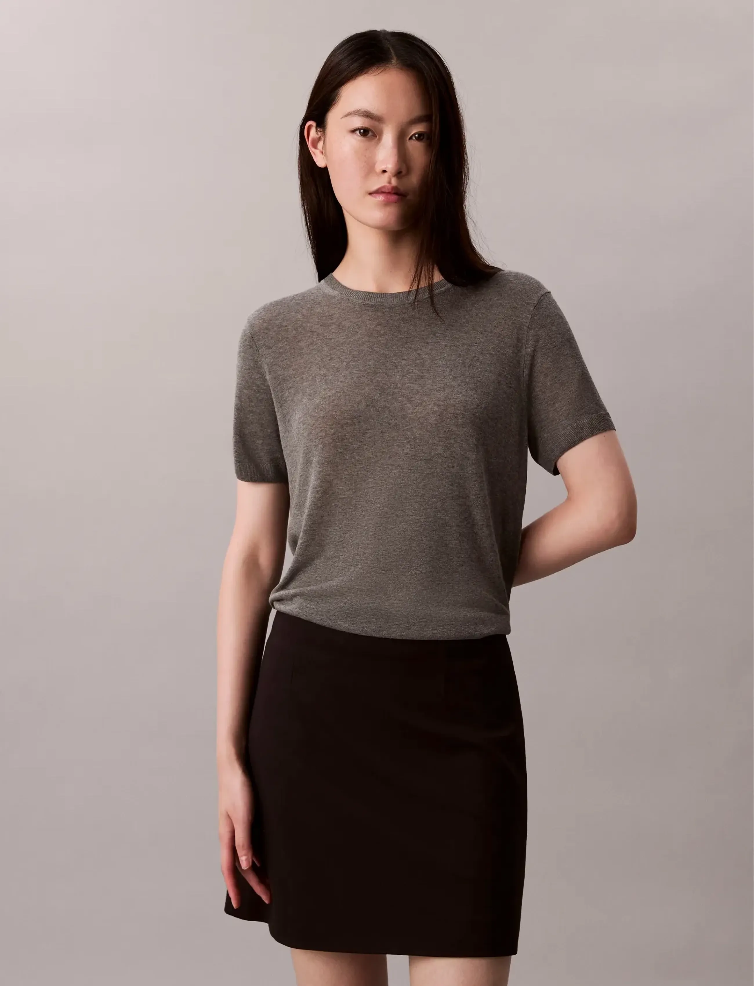 Calvin Klein Fine Gauge Viscose Short Sleeve - Calvin Klein - B30 GREY HEATHER / grey