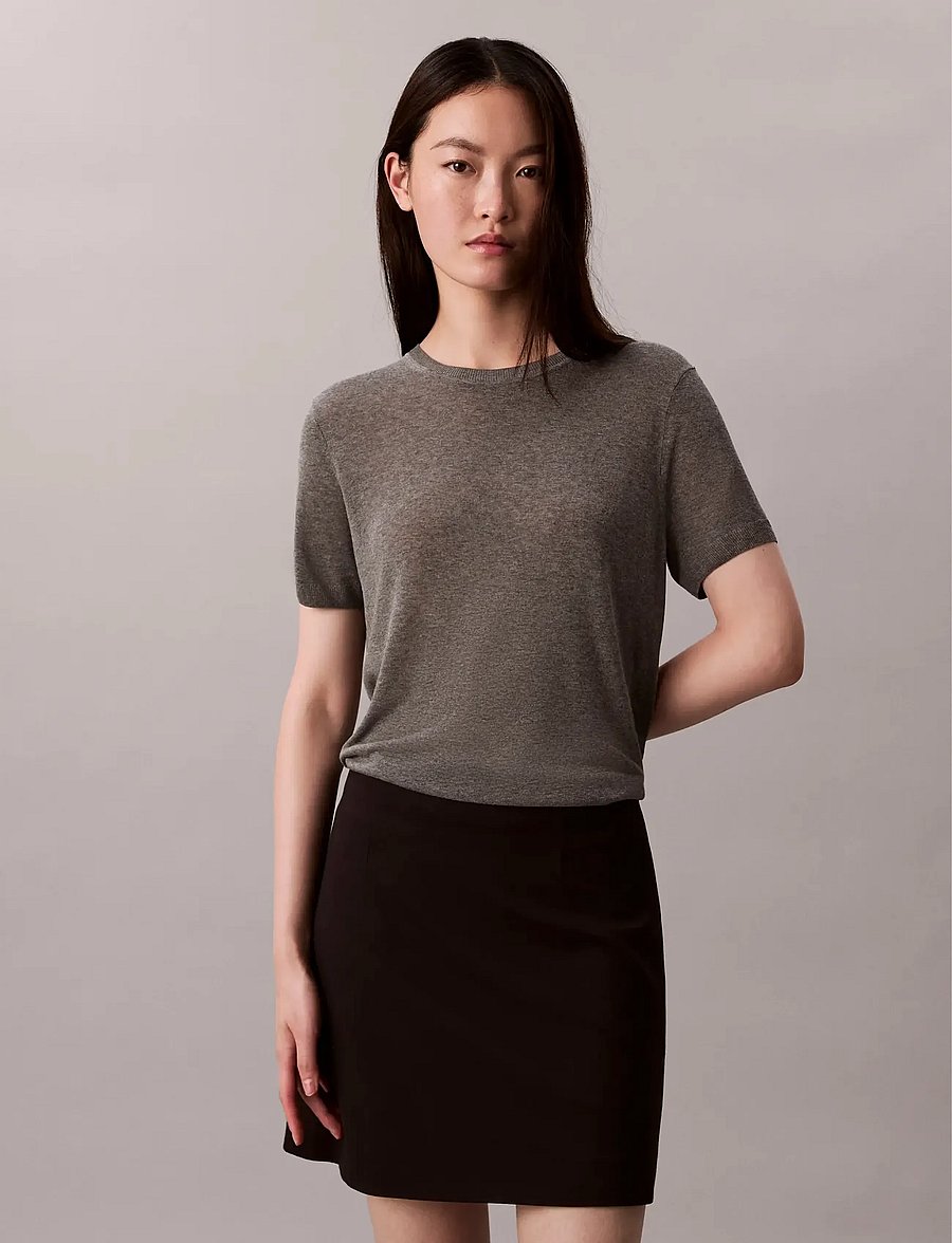 Calvin Klein - Fine Gauge Viscose Short Sleeve - kortärmade blusar - b30 grey heather - 0