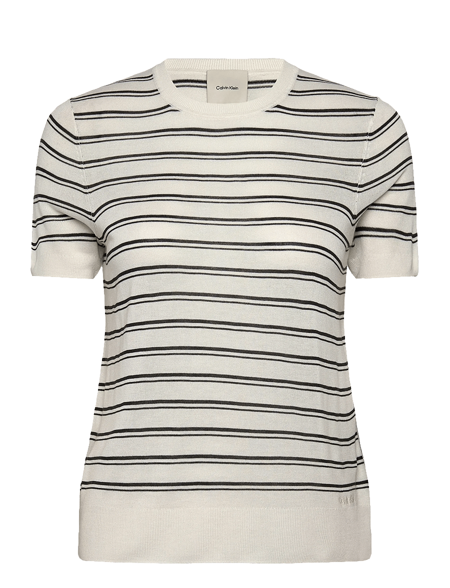 Calvin Klein - Viscose Short Sleeve Sweater Str - kampsunid - tofu stripe - 1