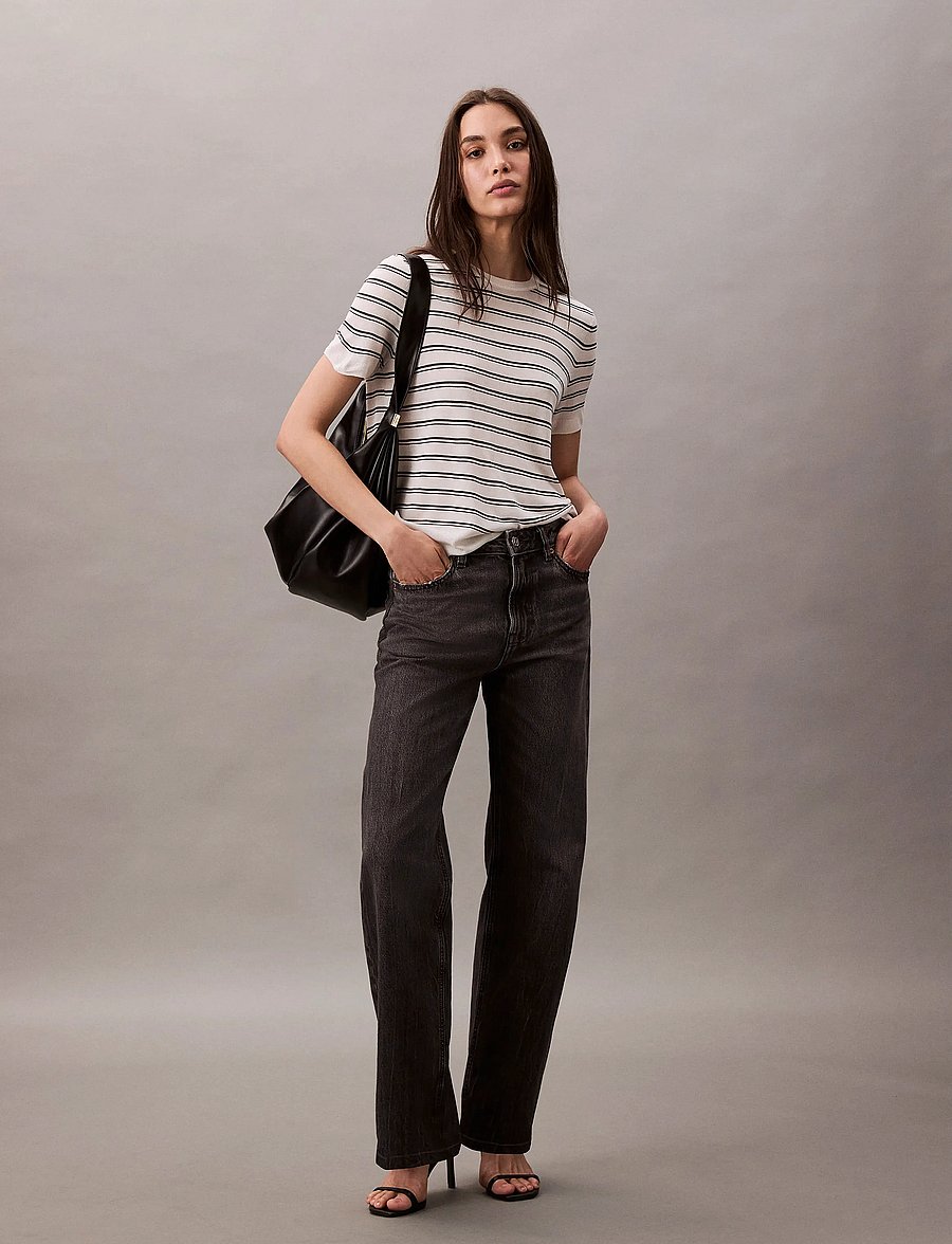 Calvin Klein - Viscose Short Sleeve Sweater Str - kampsunid - tofu stripe - 0