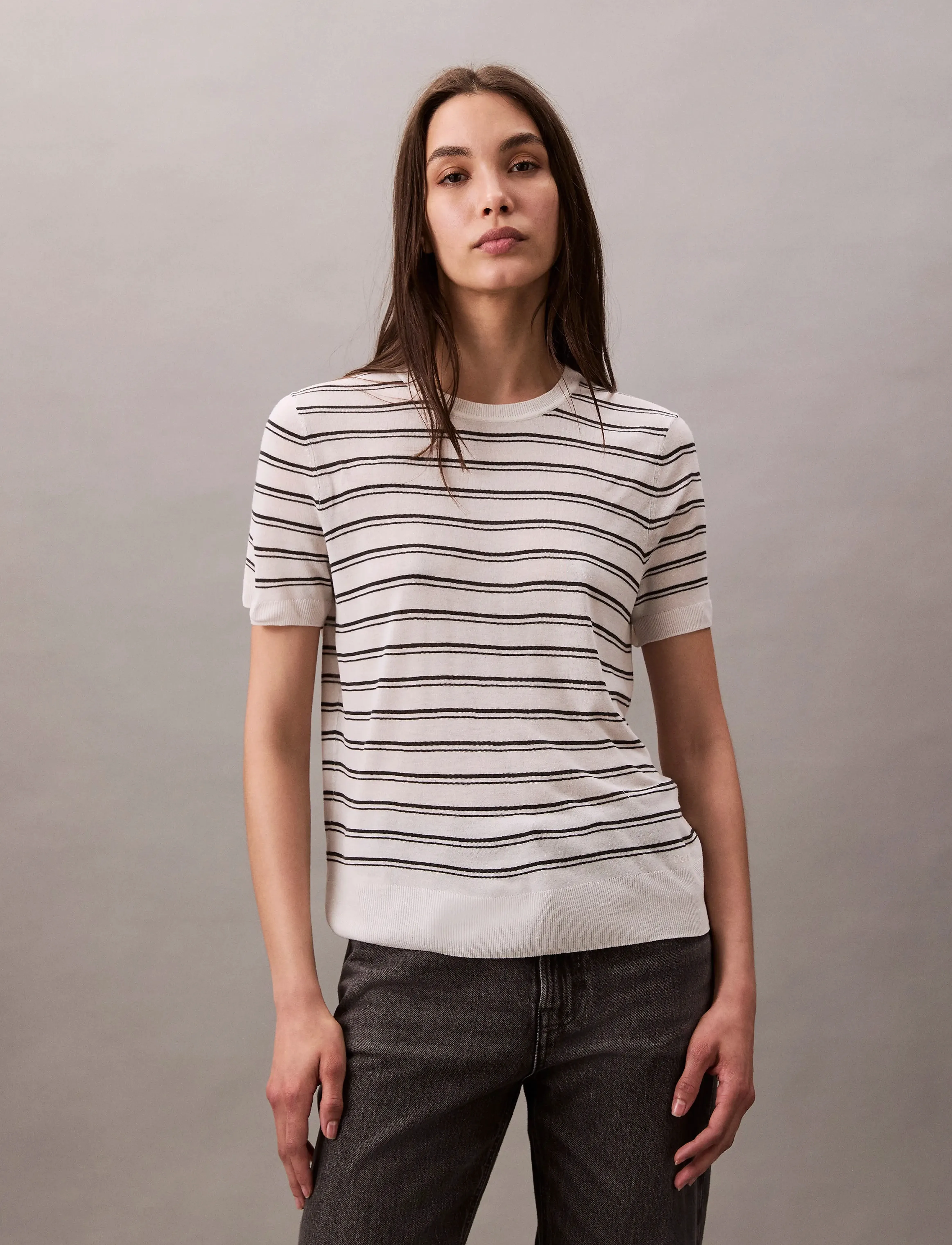 Calvin Klein - Viscose Short Sleeve Sweater Str - džemperi - tofu stripe - 4