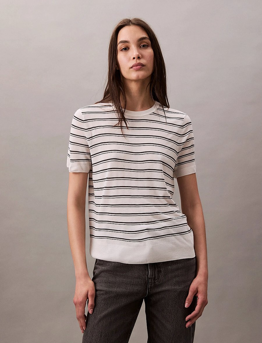 Calvin Klein - Viscose Short Sleeve Sweater Str - kampsunid - tofu stripe - 4