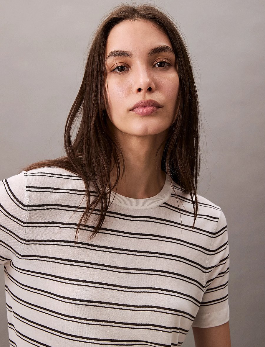 Calvin Klein - Viscose Short Sleeve Sweater Str - kampsunid - tofu stripe - 5