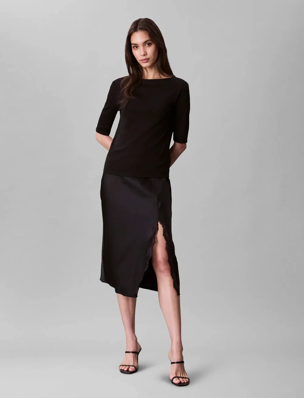 Calvin Klein - Matte Shine Satin Lace Trim Midi - spódnice do kolan i midi - black w  black lace - 0