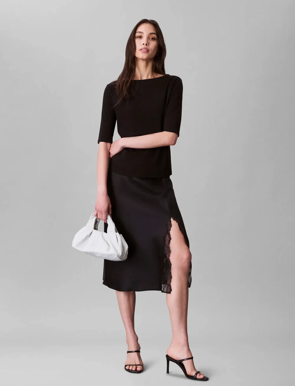 Calvin Klein - Matte Shine Satin Lace Trim Midi - spódnice do kolan i midi - black w  black lace - 3