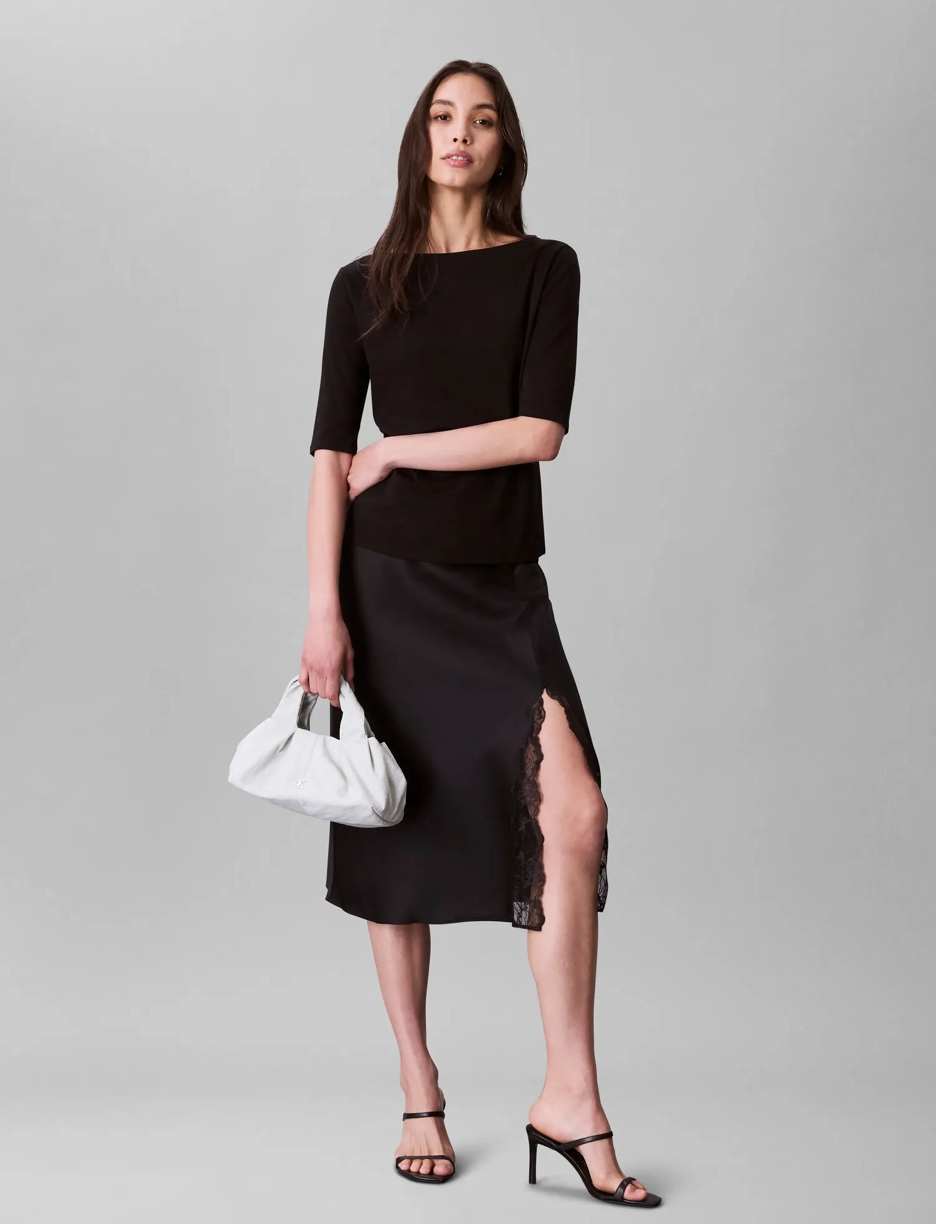 Calvin Klein - Matte Shine Satin Lace Trim Midi - midi-röcke - black w  black lace - 3