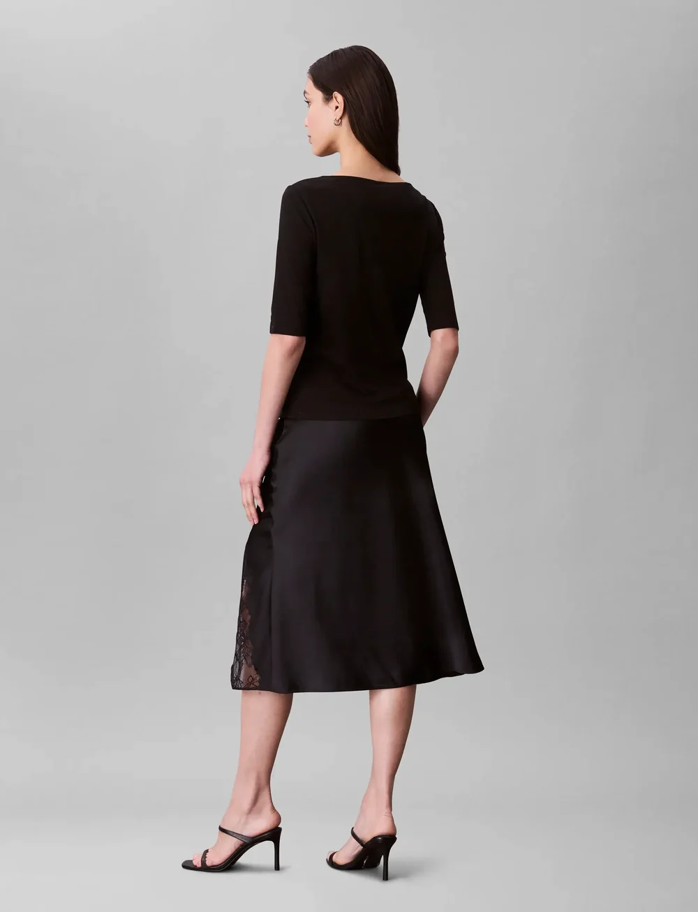Calvin Klein - Matte Shine Satin Lace Trim Midi - spódnice do kolan i midi - black w  black lace - 4