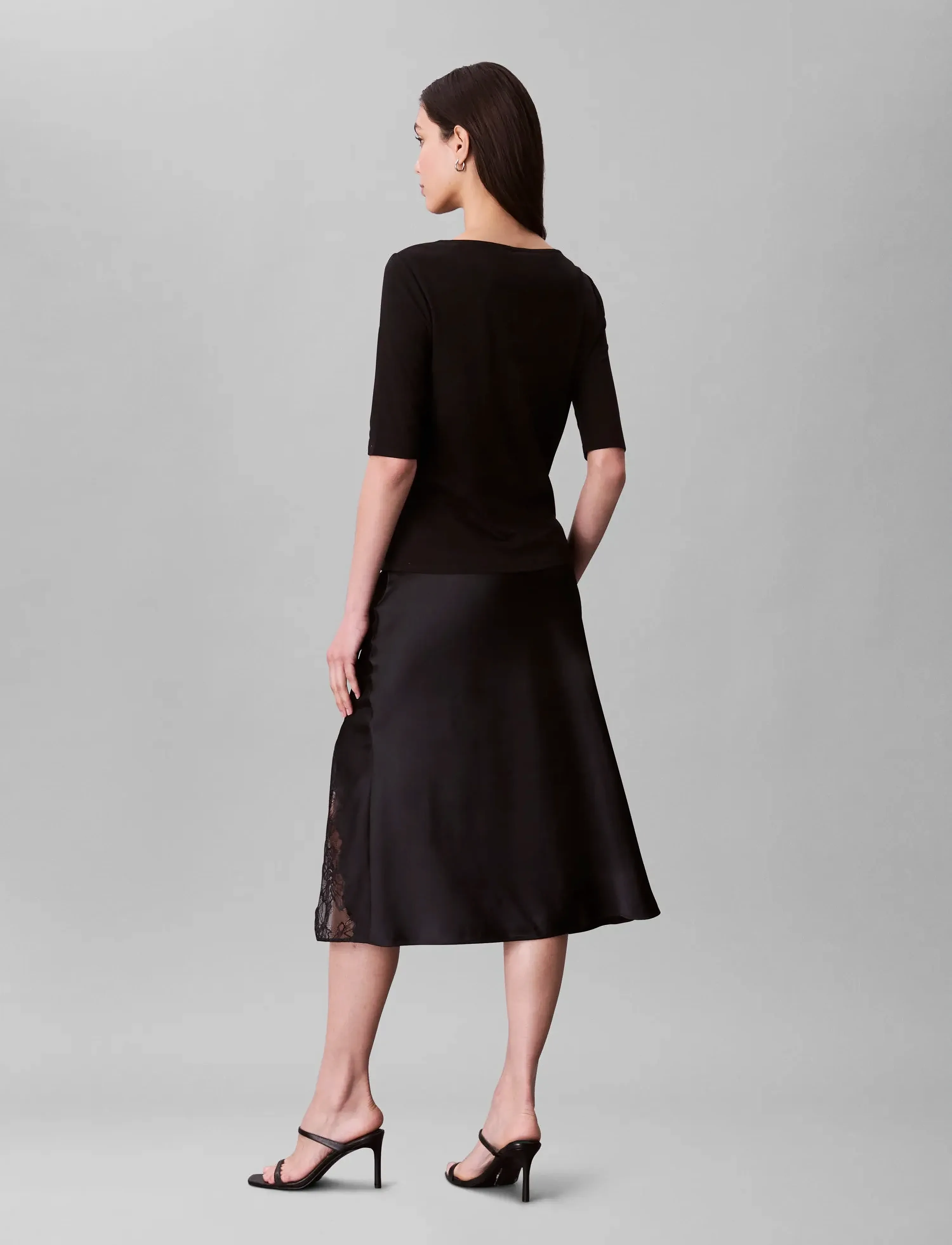 Calvin Klein - Matte Shine Satin Lace Trim Midi - midi-röcke - black w  black lace - 4