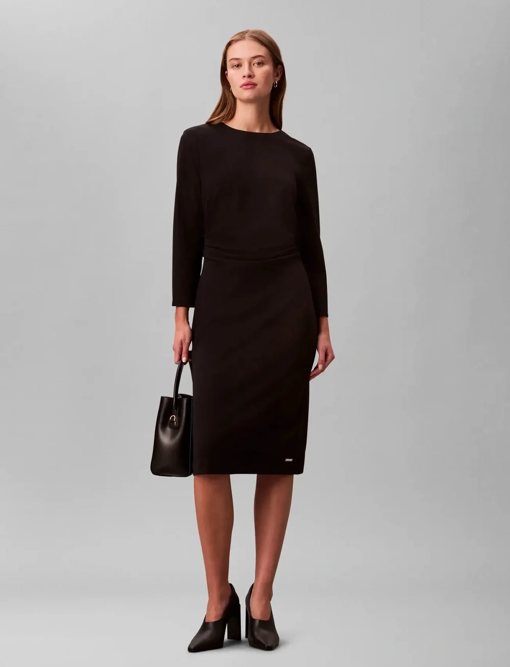 Calvin Klein - Stretch Crepe LS Gathered Dress - midi kjoler - black - 0