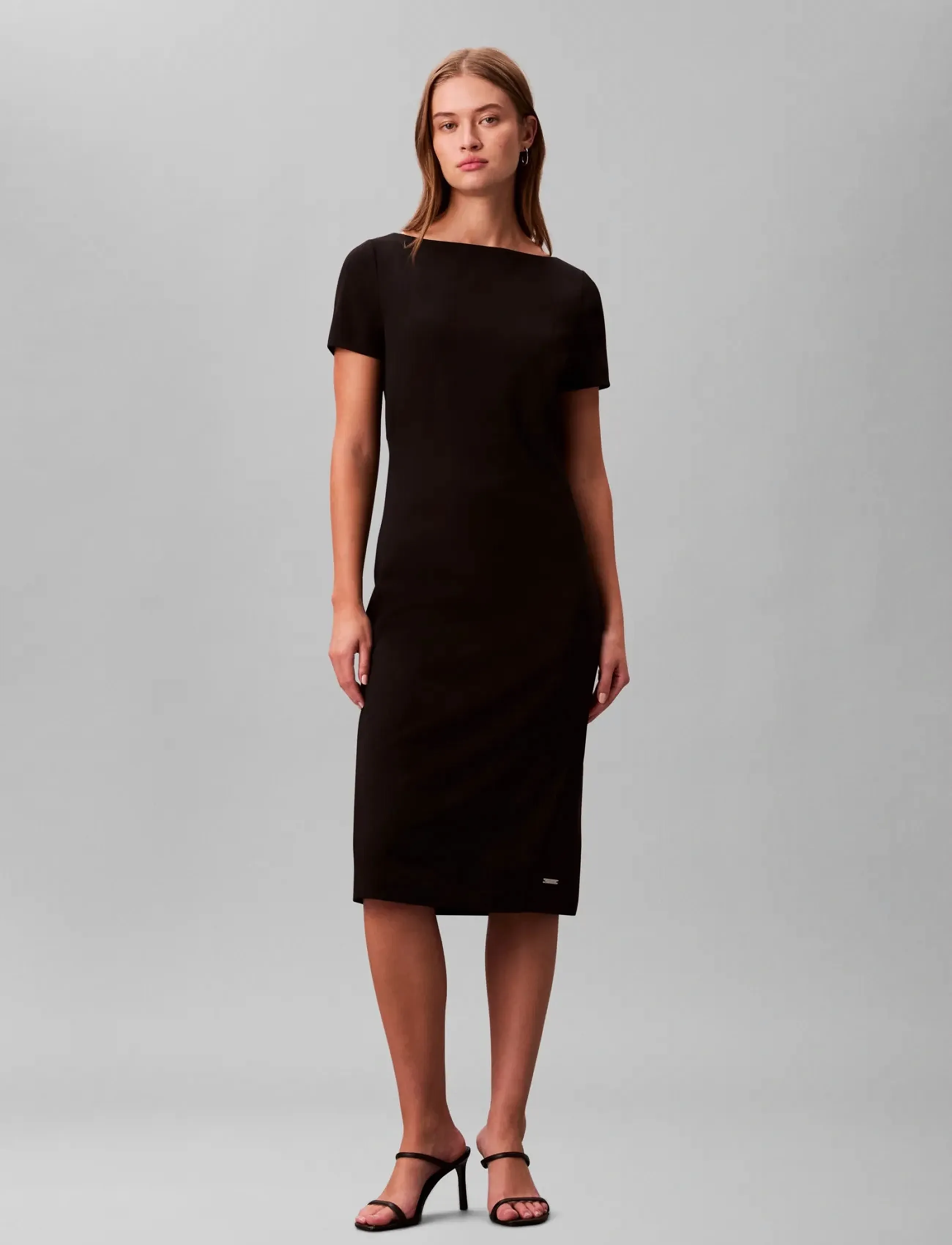 Calvin Klein Stretch Crepe Boat Neck Ss Dress, 34, Black, Kjoler > Knælange Og Midi, Dame