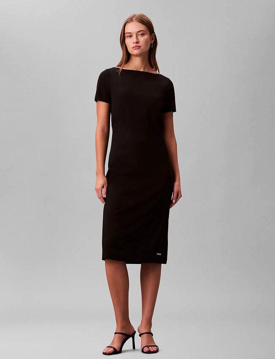 Calvin Klein - Stretch Crepe Boat Neck SS Dress - midi dresses - black - 0