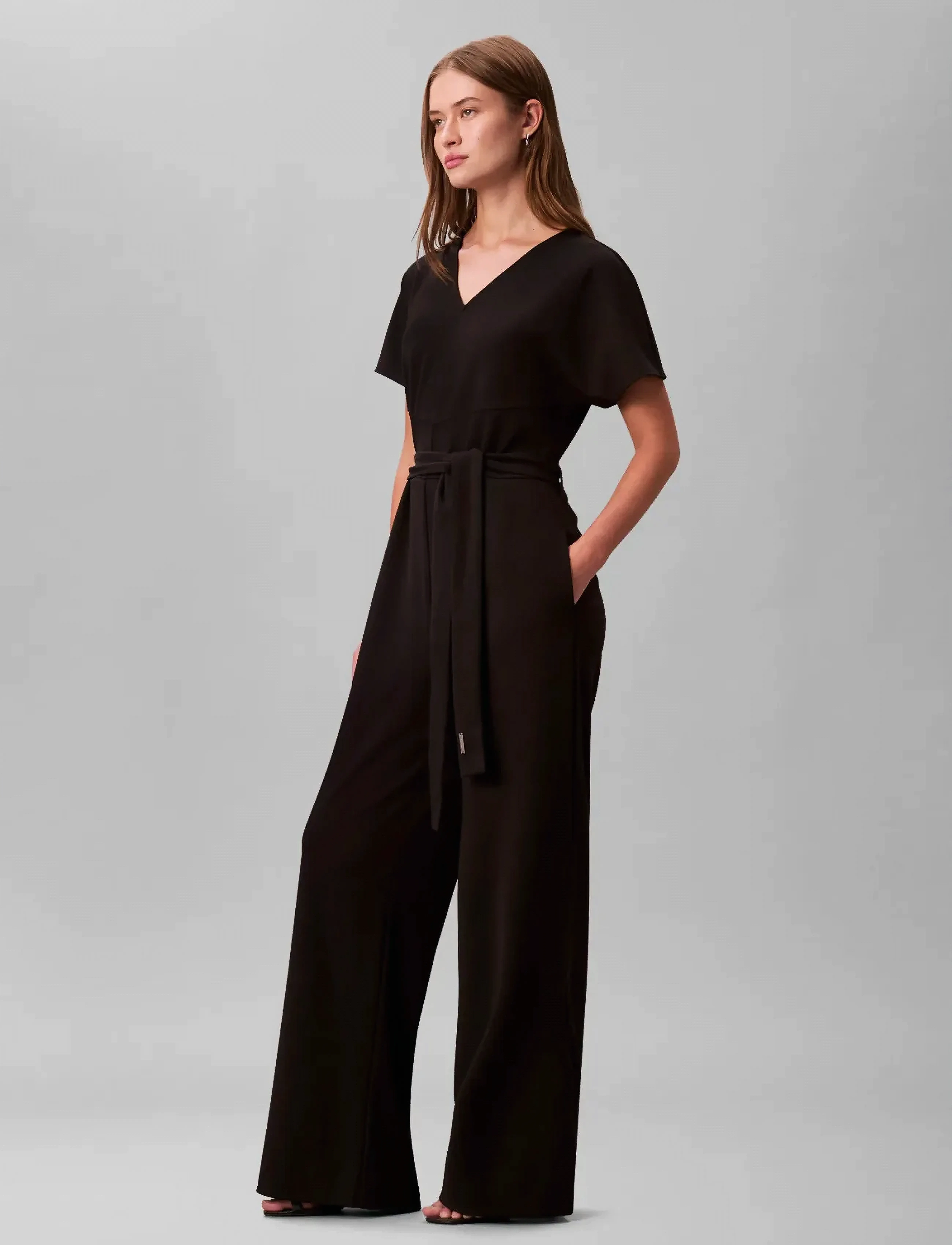 Calvin Klein - Stretch Crepe Jumpsuit with Belt - black - 5