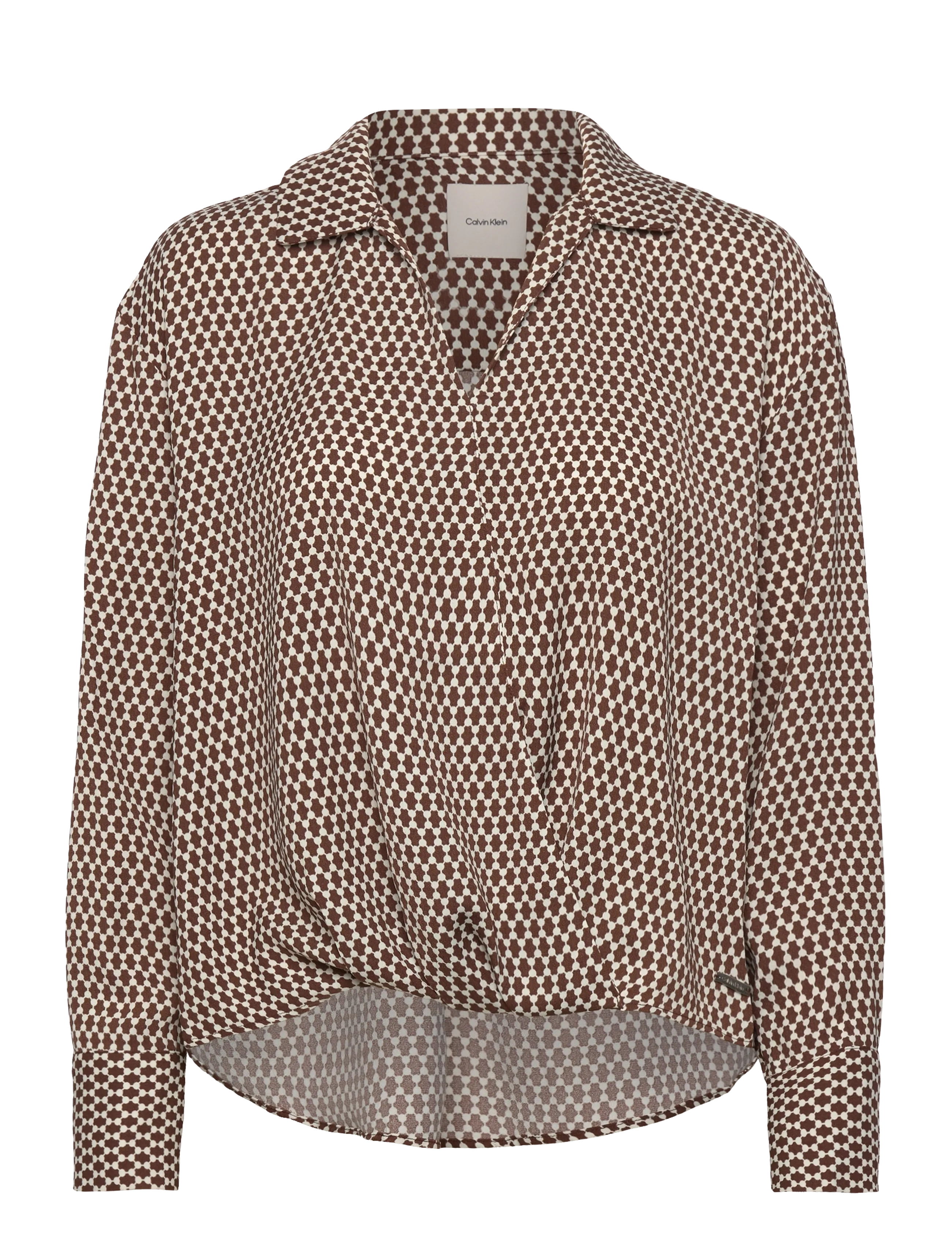 Calvin Klein Printed Crepe LS Faux Wrap Top - Transitional Layering - CSW25F_P047+1_ROCKY ROAD / brown