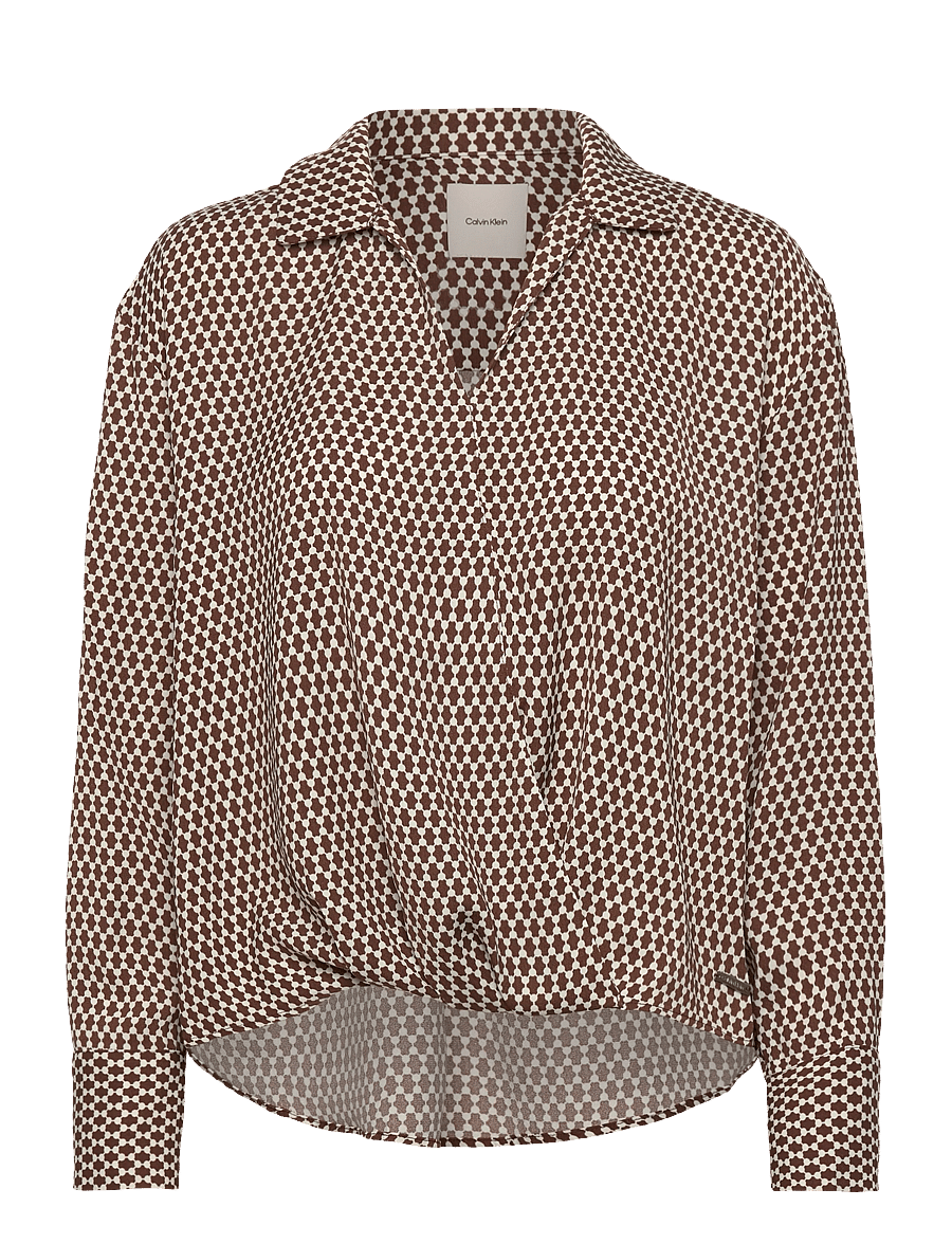 Calvin Klein - Printed Crepe LS Faux Wrap Top - langärmlige hemden - csw25f_p047+1_rocky road - 1
