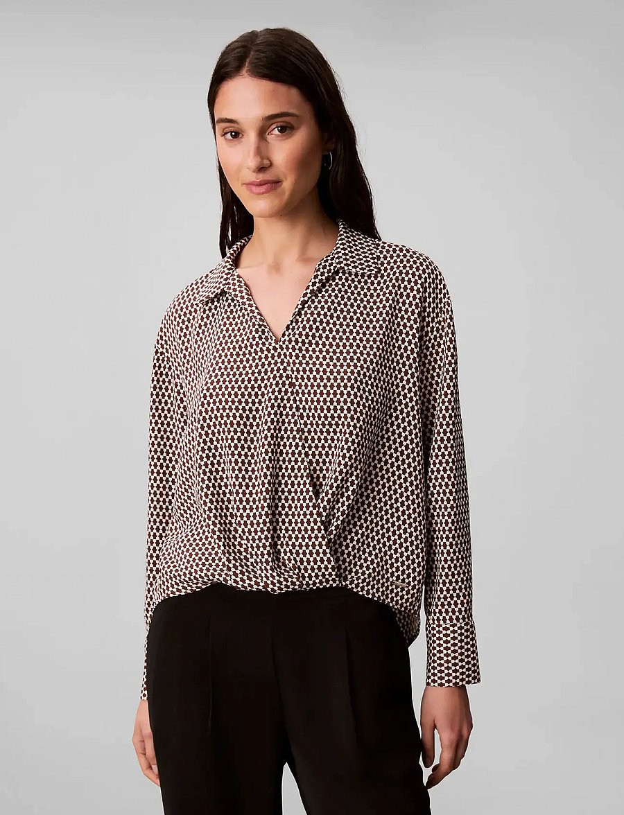 Calvin Klein - Printed Crepe LS Faux Wrap Top - langärmlige hemden - csw25f_p047+1_rocky road - 0