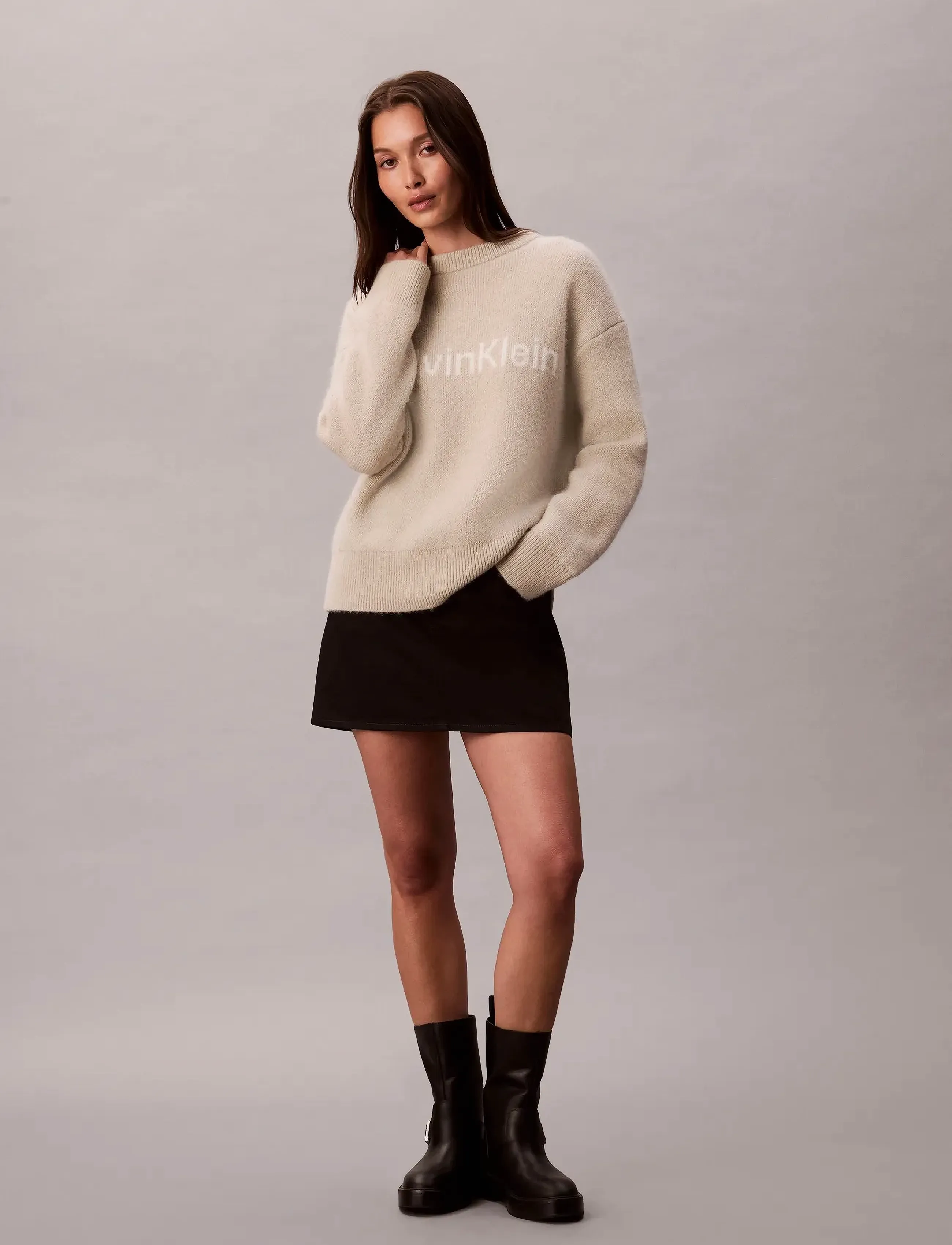 Calvin Klein Alpaca Logo Sweater, Kvinder, Alpaca Logo Sweater, Beige, Str: M
