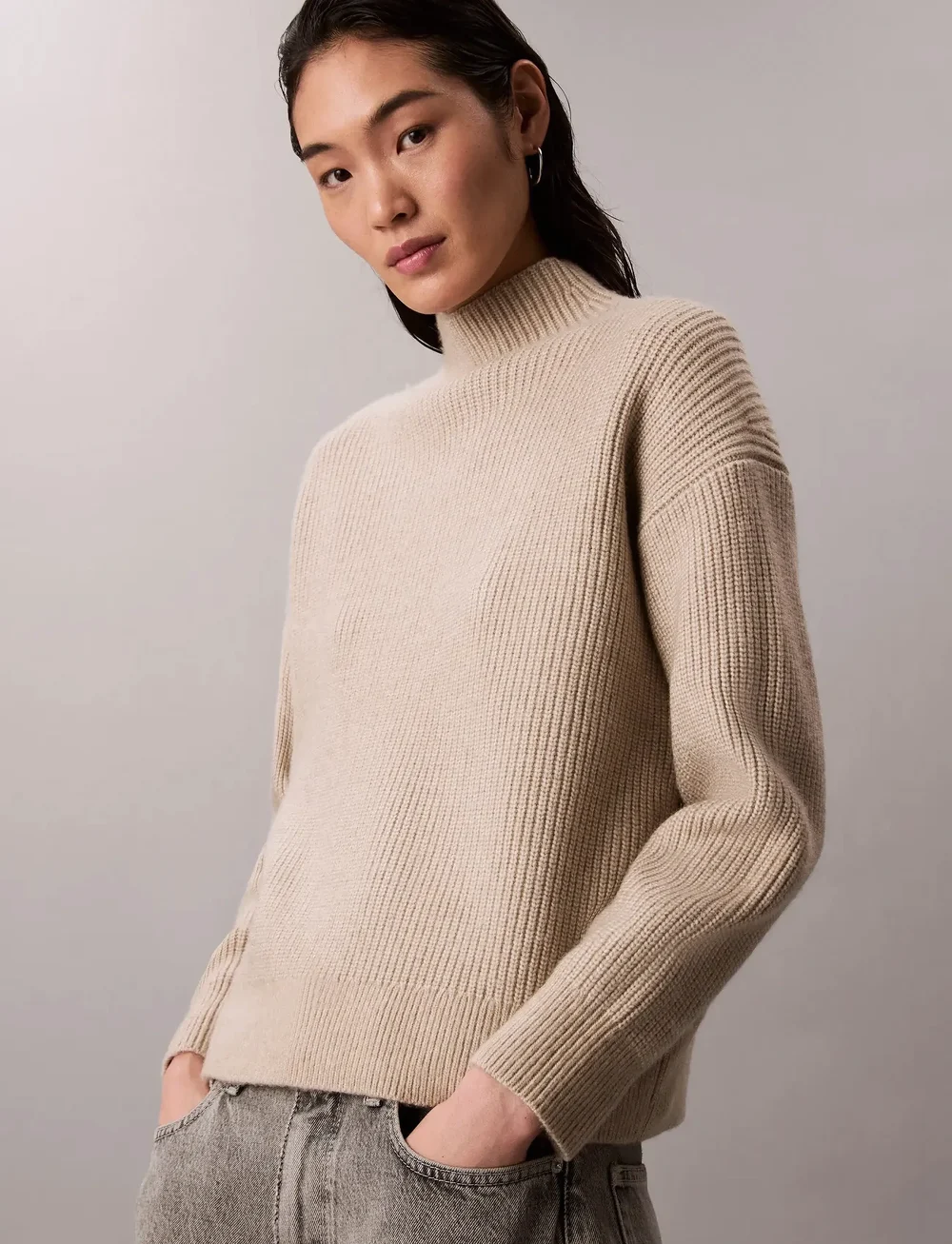 Calvin Klein - Woolen Stitch T-Neck - striktrøjer - island fossil - 3