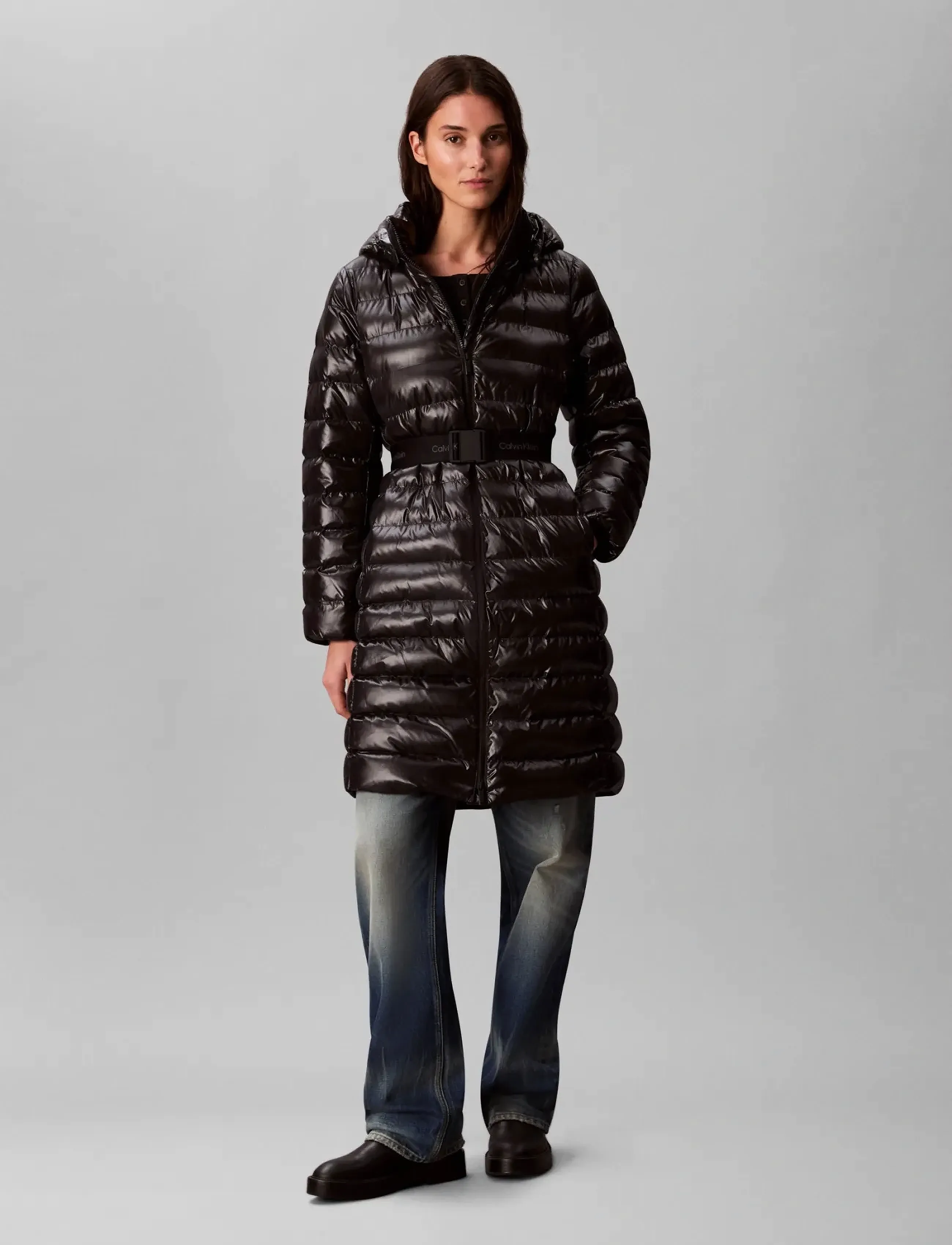 Calvin Klein Belted Lightweight Long Puffer, Kvinder, Blank Bæltet Lang Dynejakke, Brun, Str: L