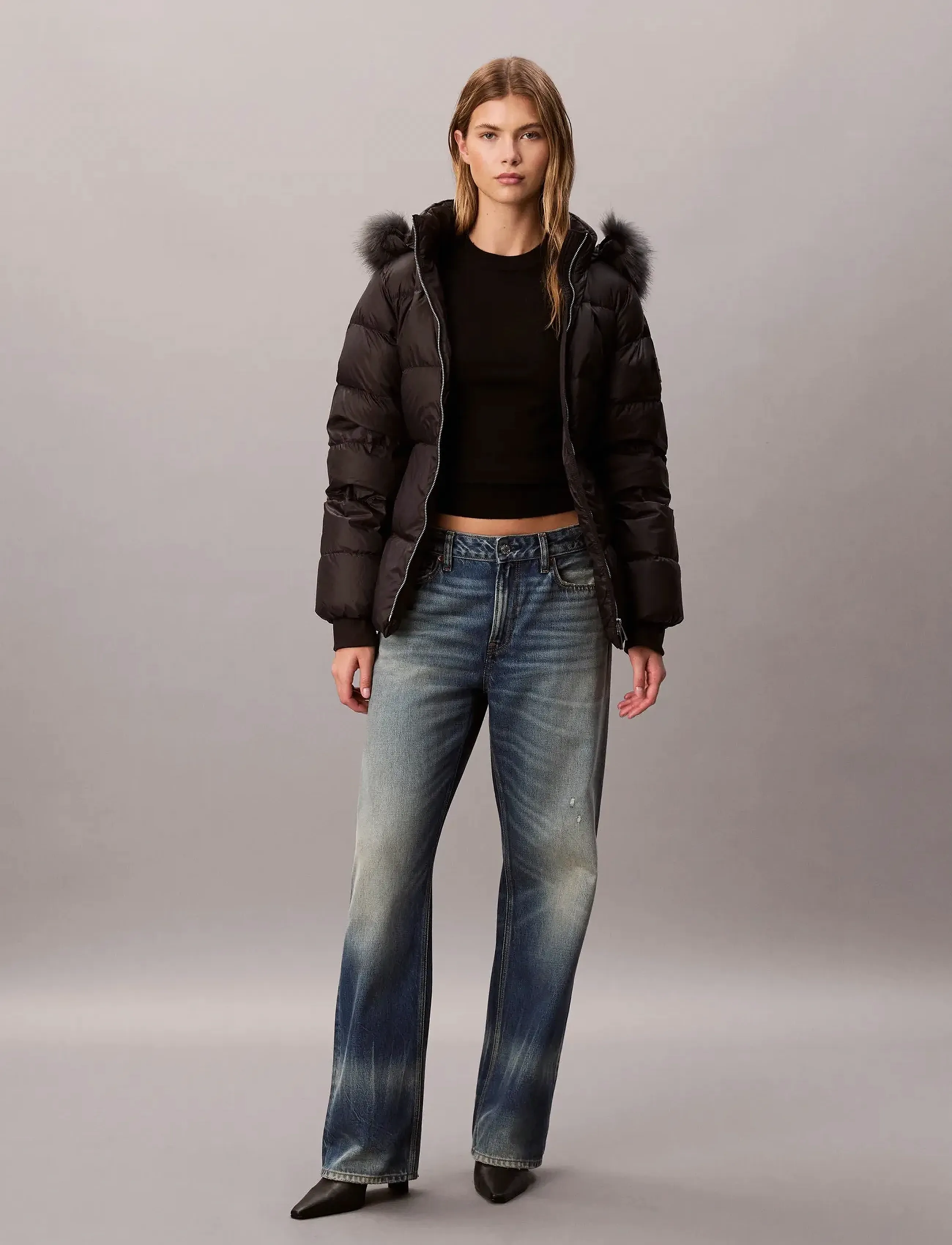 Calvin Klein Mid Down Jacket With Fur, XL, Jackets, Schwarz - Padded Jacket, Frauen