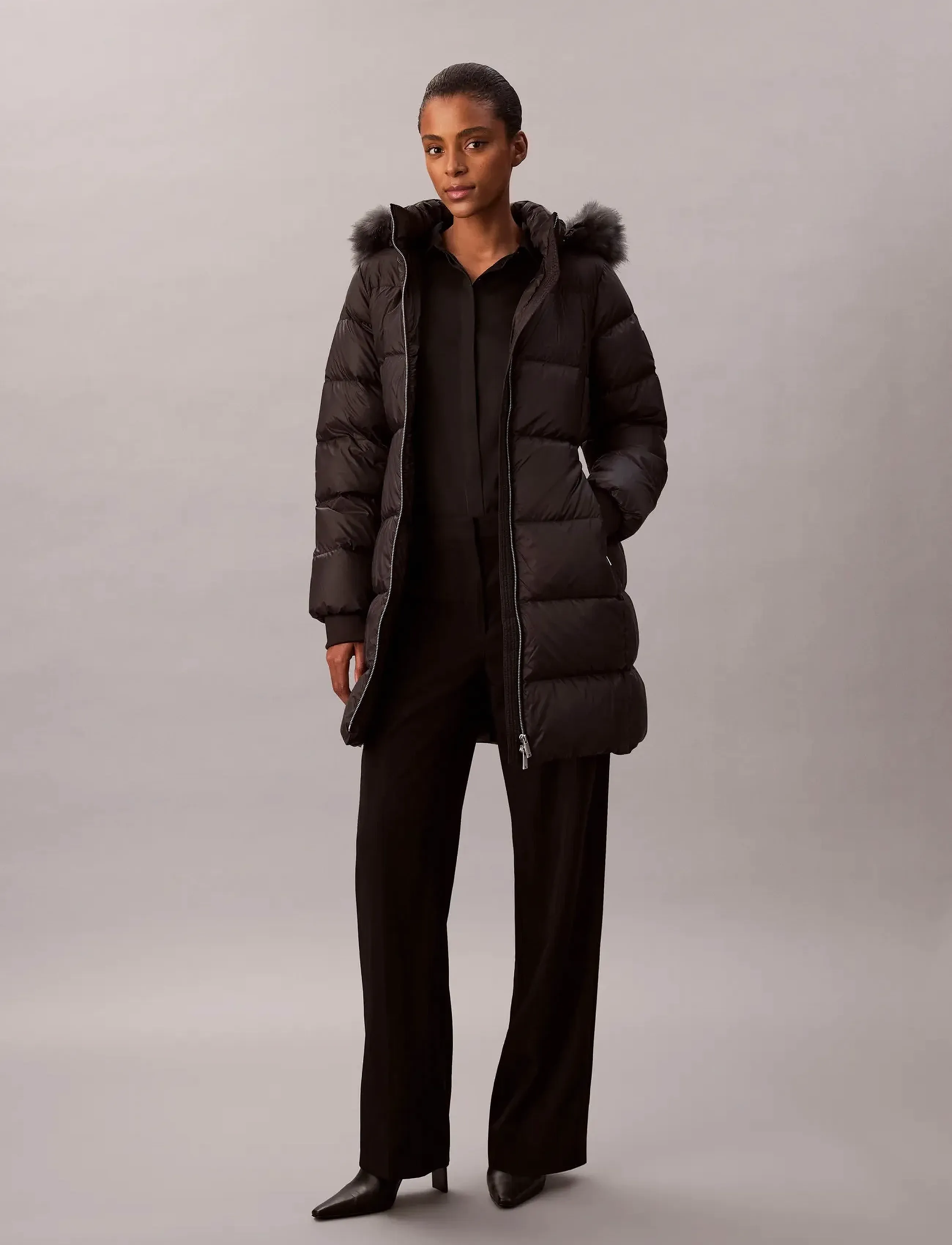 Calvin Klein Long Down Jacket With Fur, Kvinder, Lang Dun Pufferjakke, Sort, Str: XL