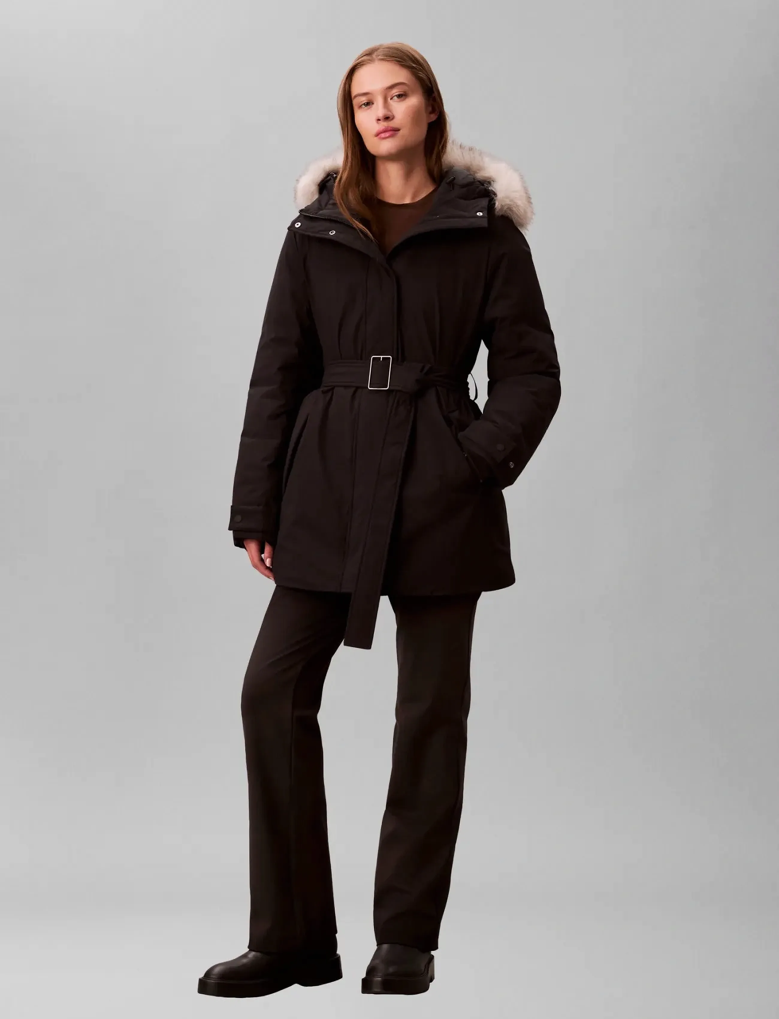 Calvin Klein BELTED MATTE QUILTED JACKET WITH - Kläder - BLACK / brown