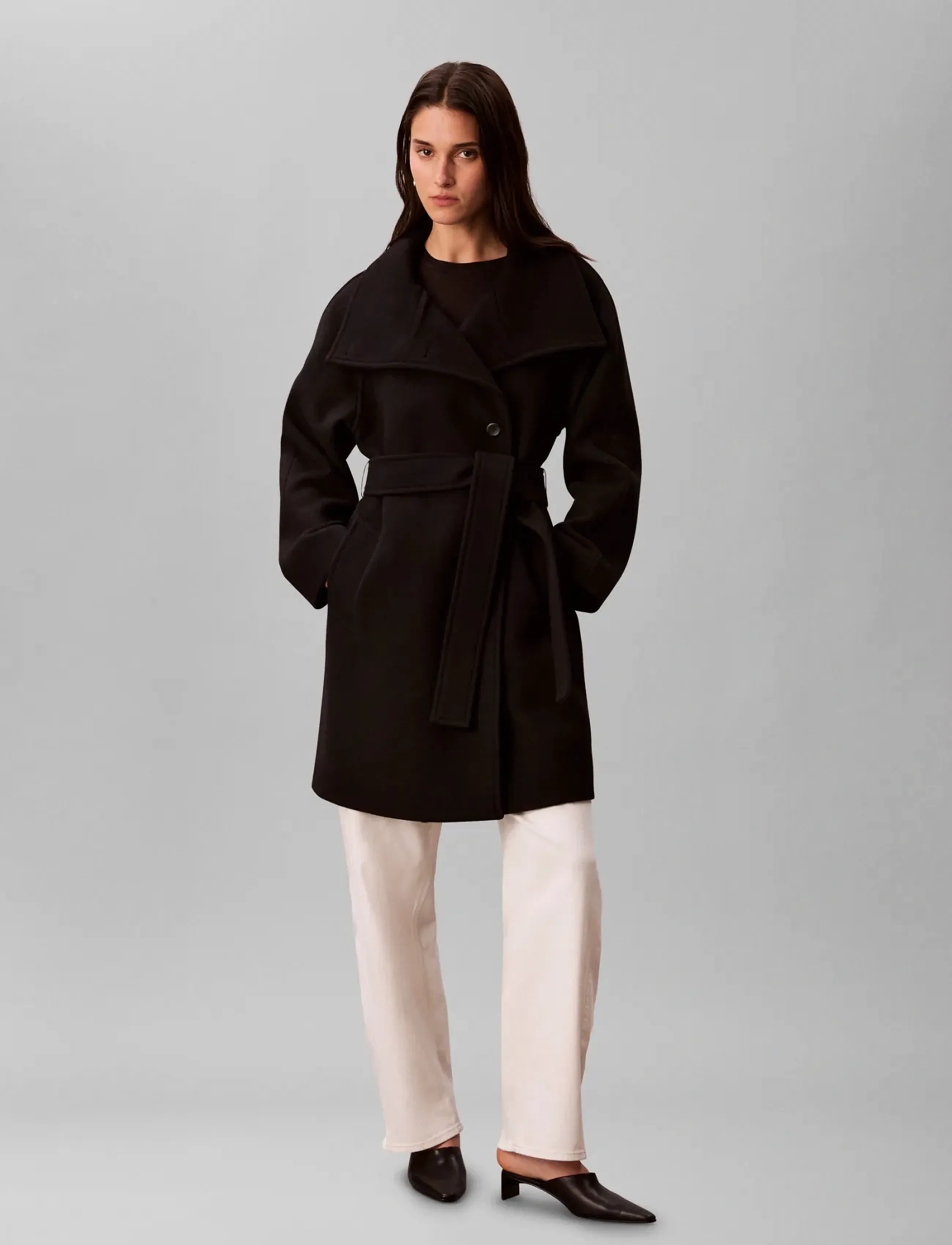 Calvin Klein Funnel Neck Knee Length Wool Coa, S, Coats, Schwarz - Frauen