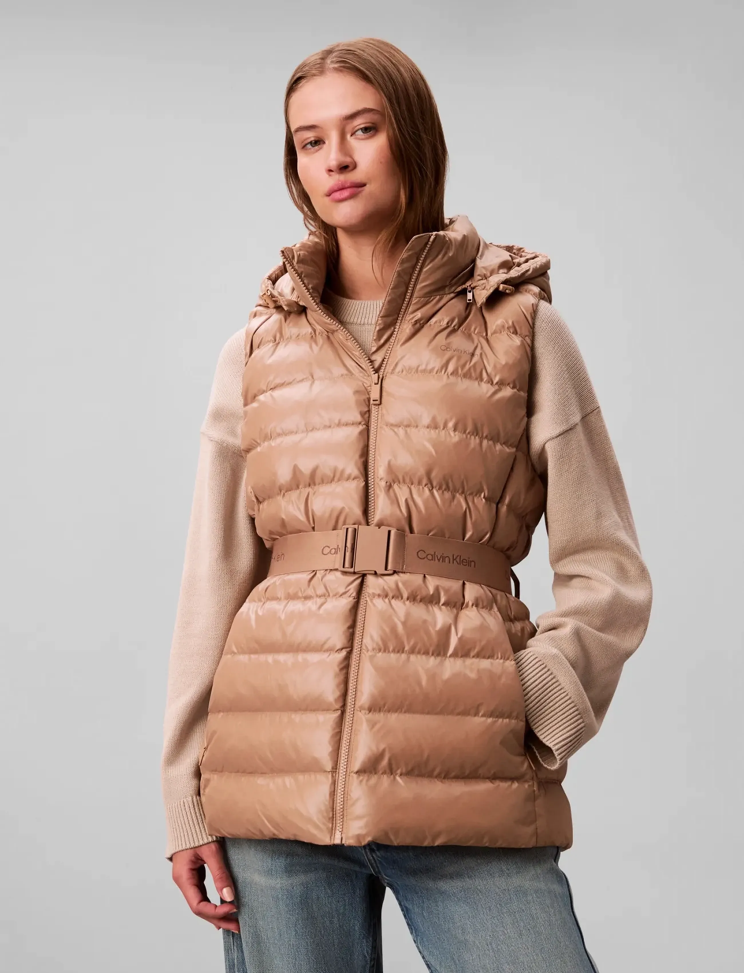 Calvin Klein Belted Lightweight Puffer Vest, M, Jackets, Beige - Padded Jacket, Frauen