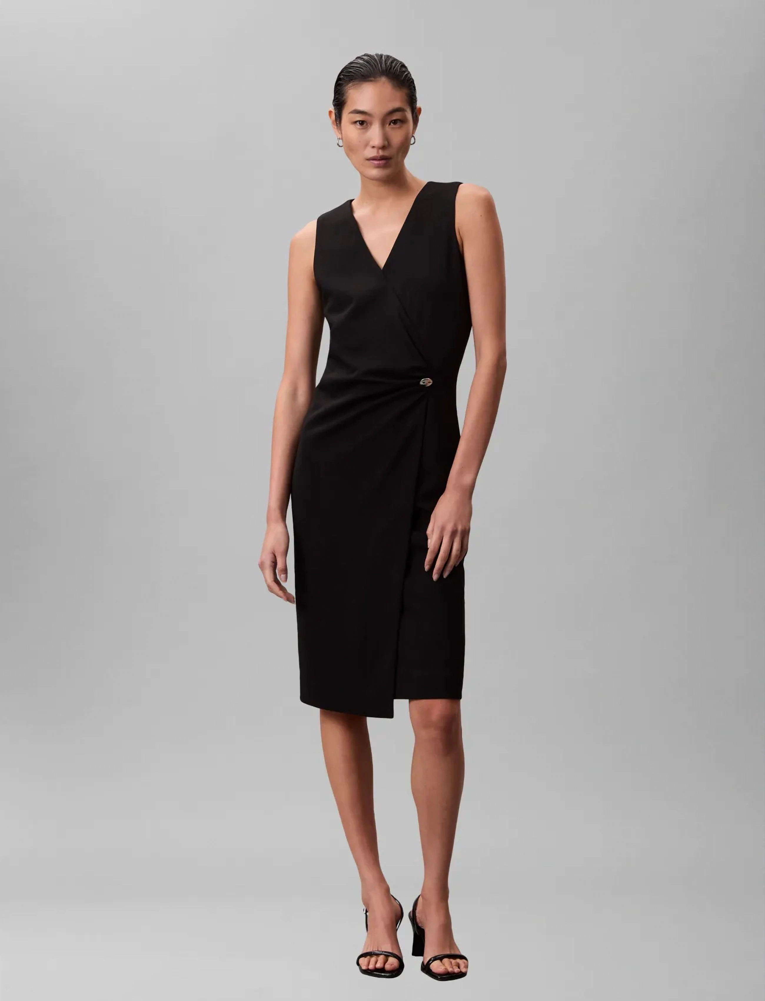 Calvin Klein Stretch Crepe Sl Hardware Dress, Kvinder, Ærmeløs Hardware Kjole, Sort, Str: 32