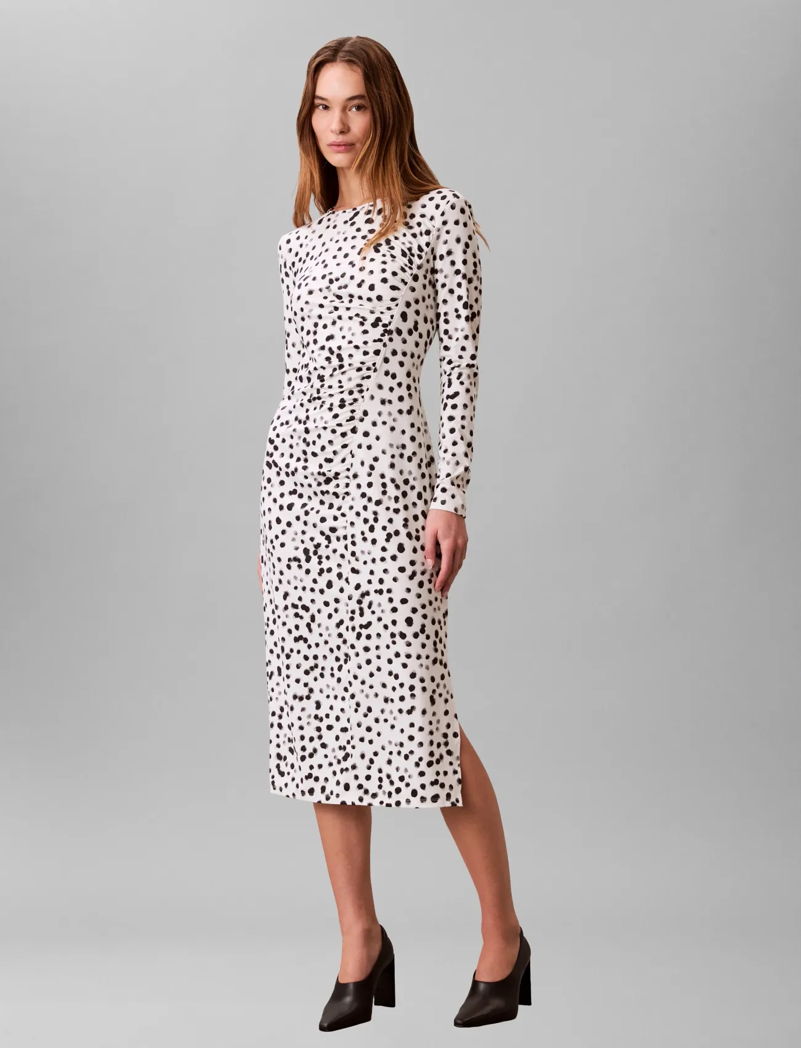 Calvin Klein Ls Ruched Assym Printed Midi Dre, Kvinder, Rynket Printet Midikjole, Hvid, Str: S