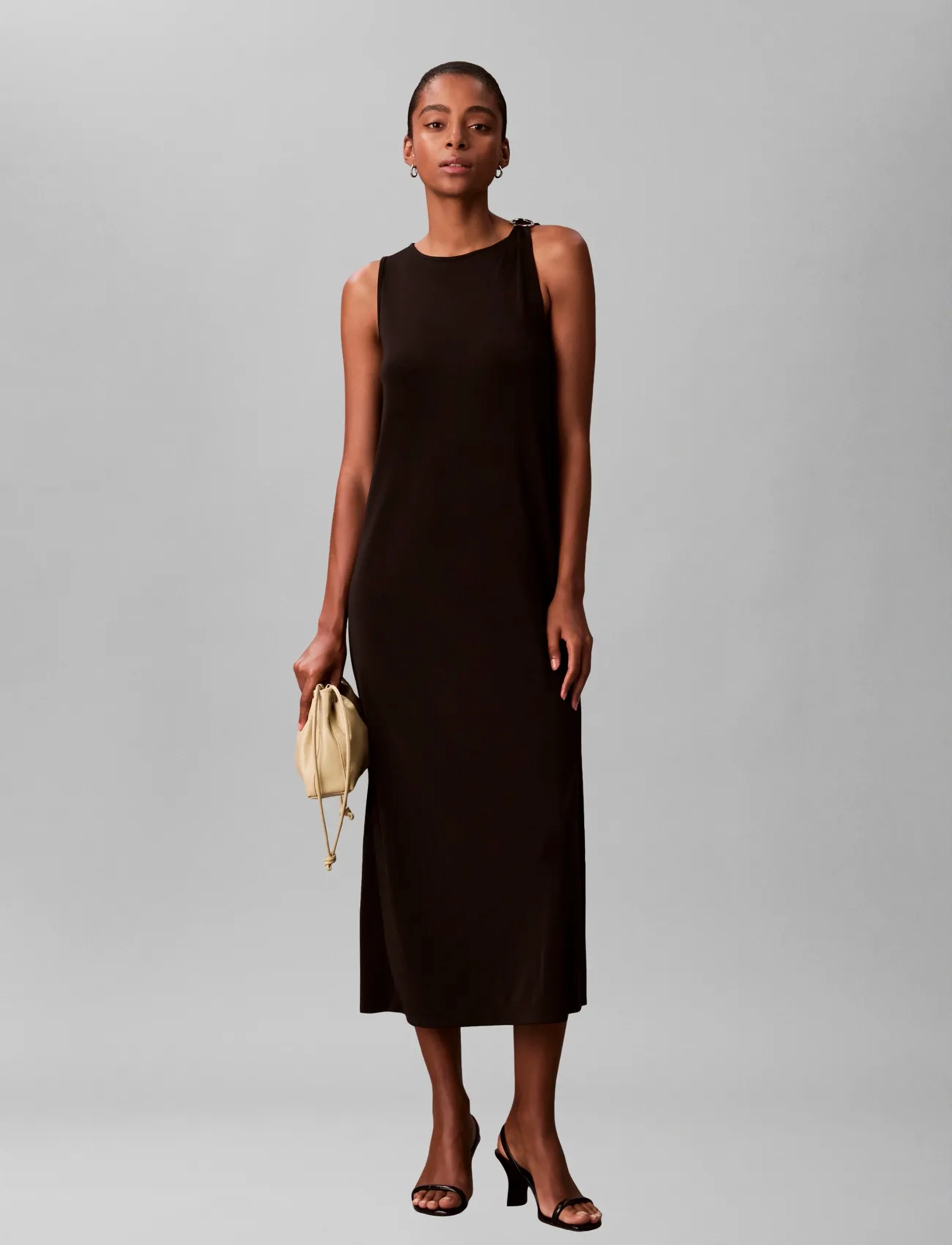 Calvin Klein Sl Refined Jersey Hardware Dress, Kvinder, Ærmeløs Hardware Maxikjole, Sort, Str: XXL