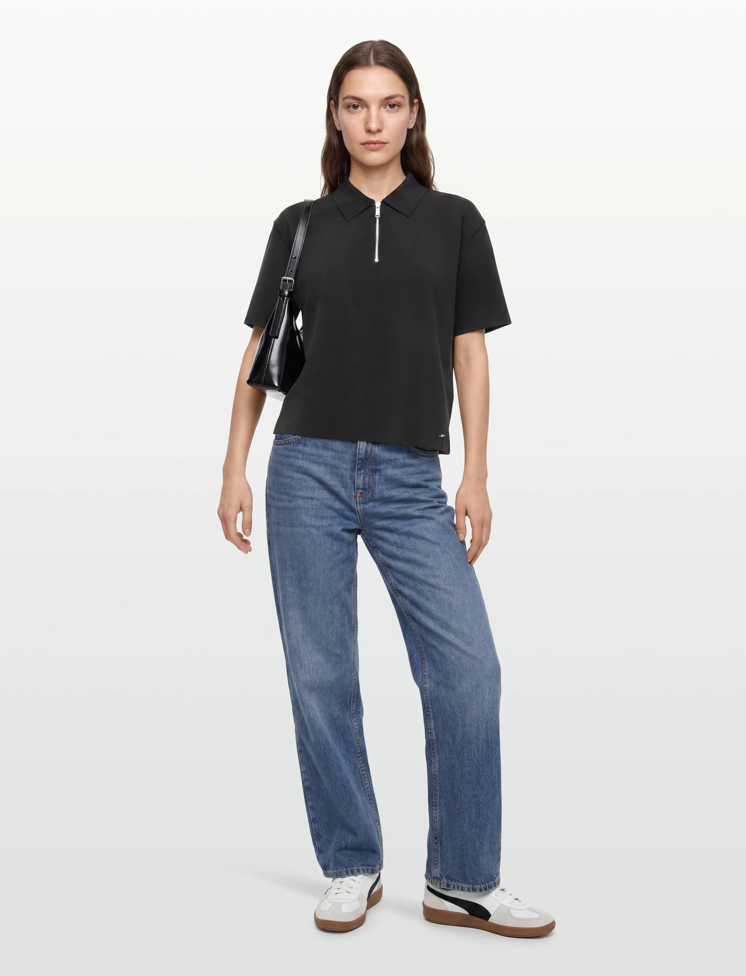 Calvin Klein Ss Tailored Knit Collar Zip Top, XS, T-shirts & Oberteile, Schwarz - Polos, Frauen