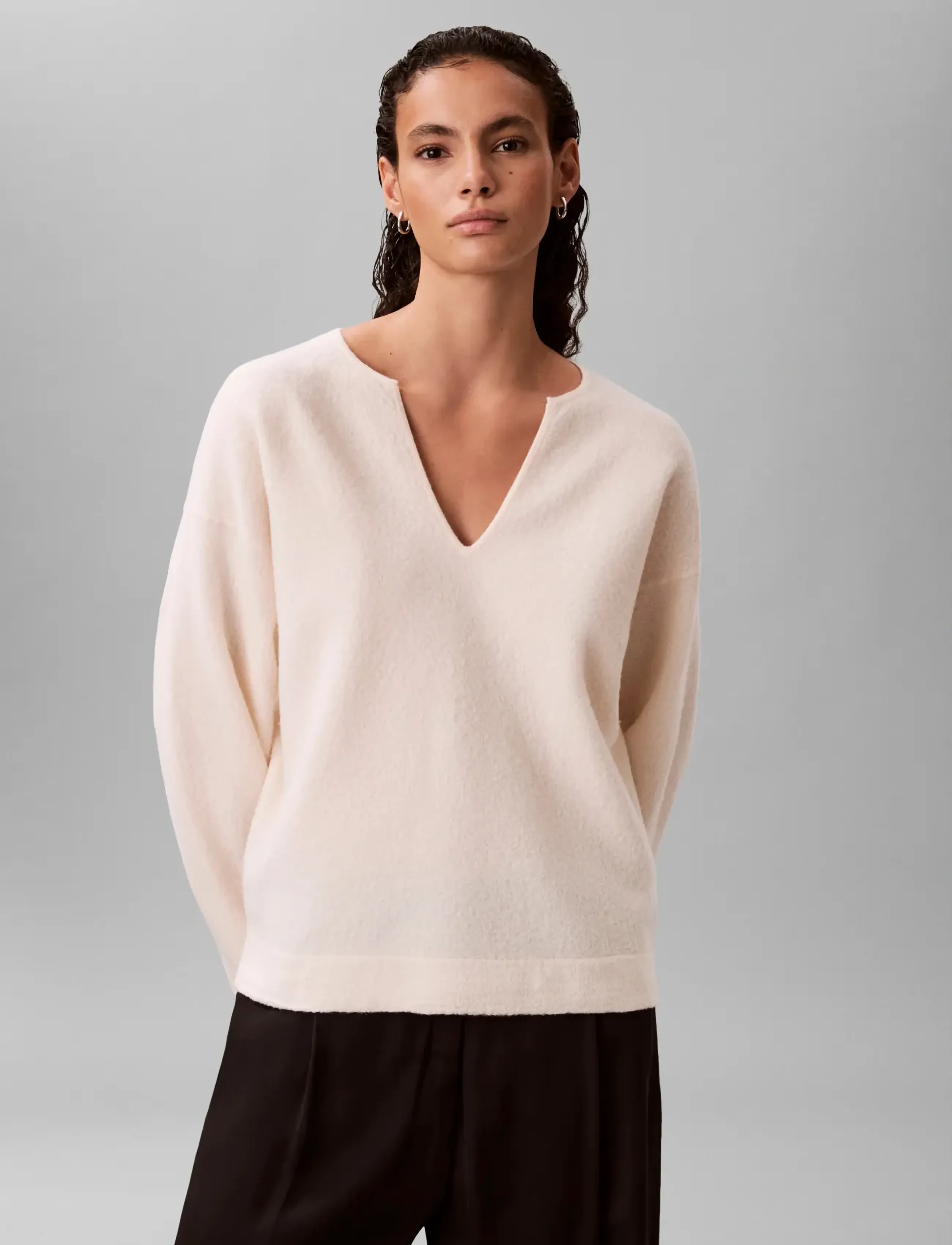 Calvin Klein - BOILED WOOL LS V NECK TOP - striktrøjer - white greige - 3