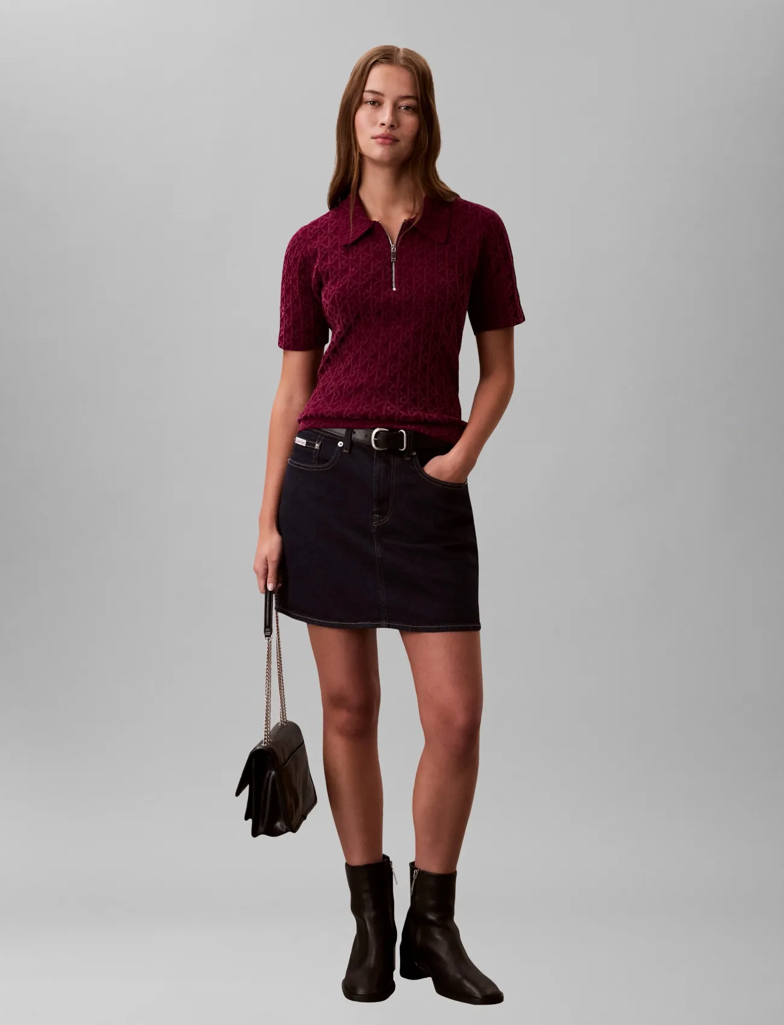 Calvin Klein Aop Textured Ss Top, S, Knitwear, Burgunderrot - Jumpers, Frauen