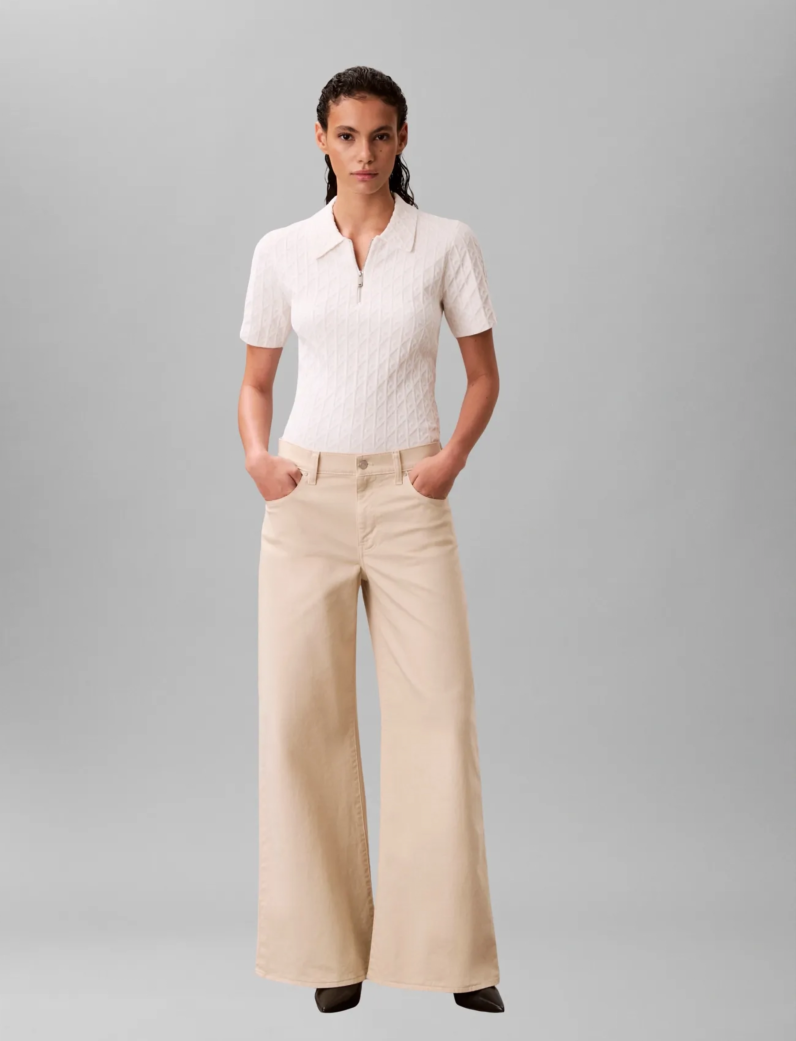 Calvin Klein Aop Textured Ss Top, M, Knitwear, Creme - Jumpers, Frauen