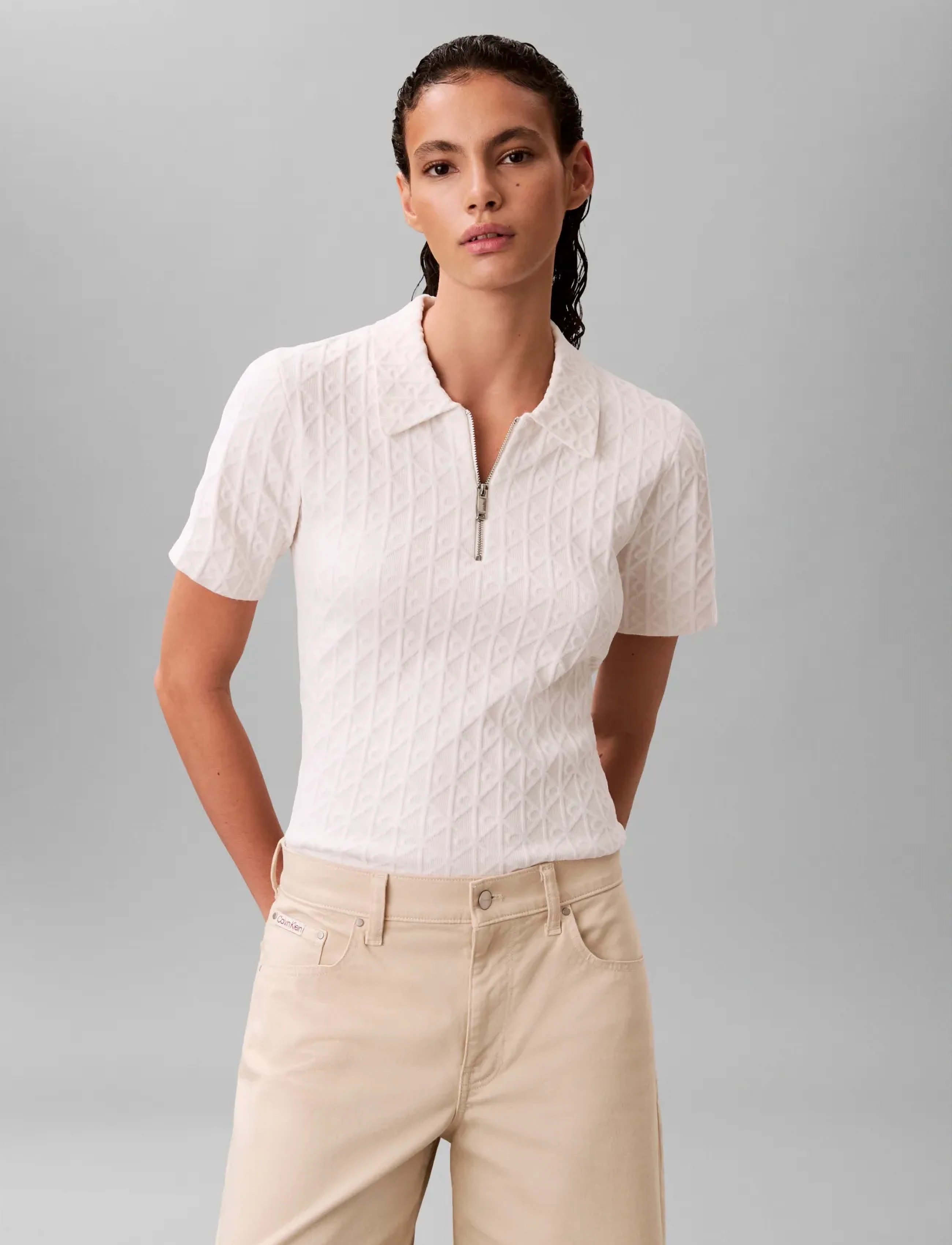 Calvin Klein - AOP Textured SS Top - peysur - white greige combo - 3