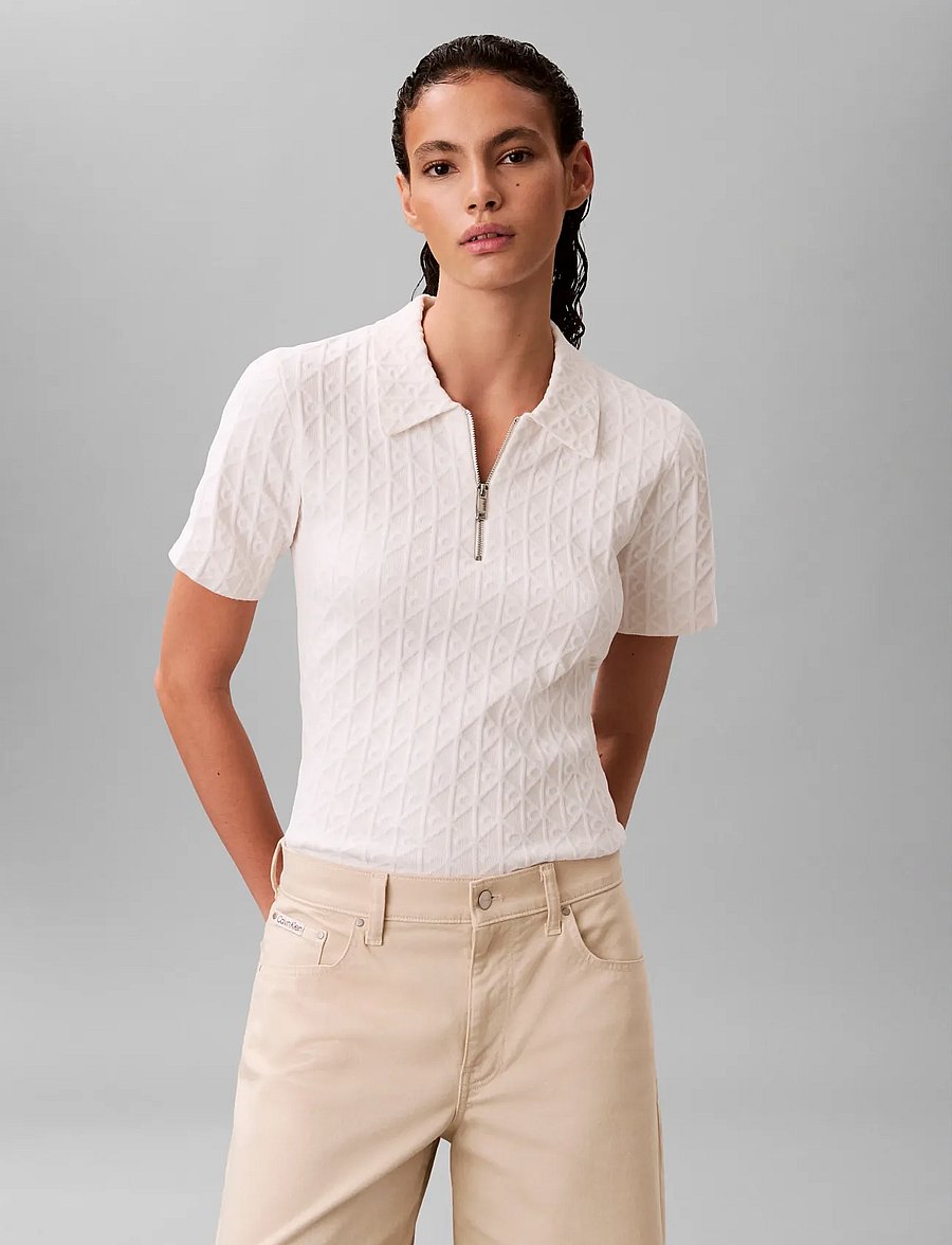 Calvin Klein - AOP Textured SS Top - striktrøjer - white greige combo - 3