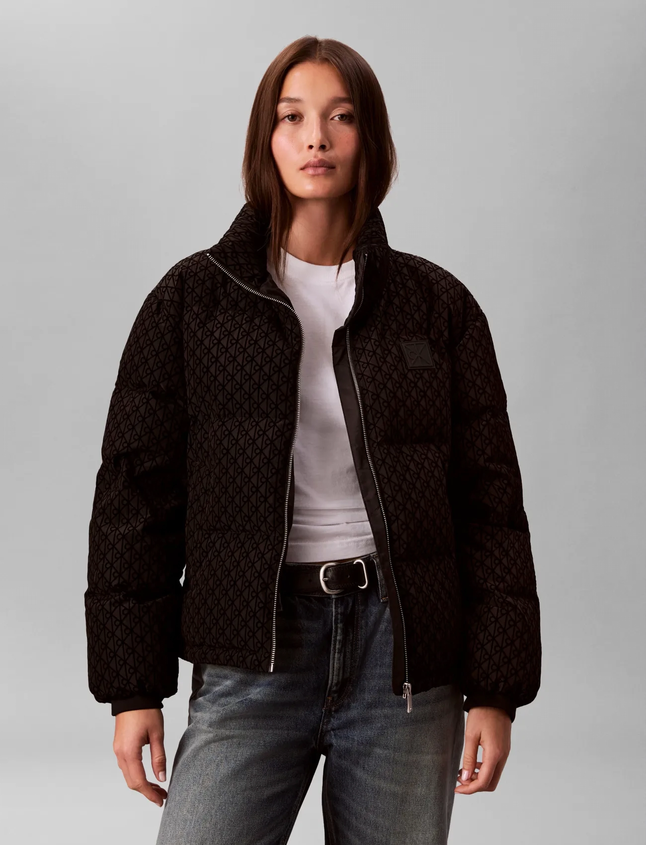 Calvin Klein Aop Mid Weight Down Puffer Jacke, S, Black, Jakker > Vatteret Jakke, Dame