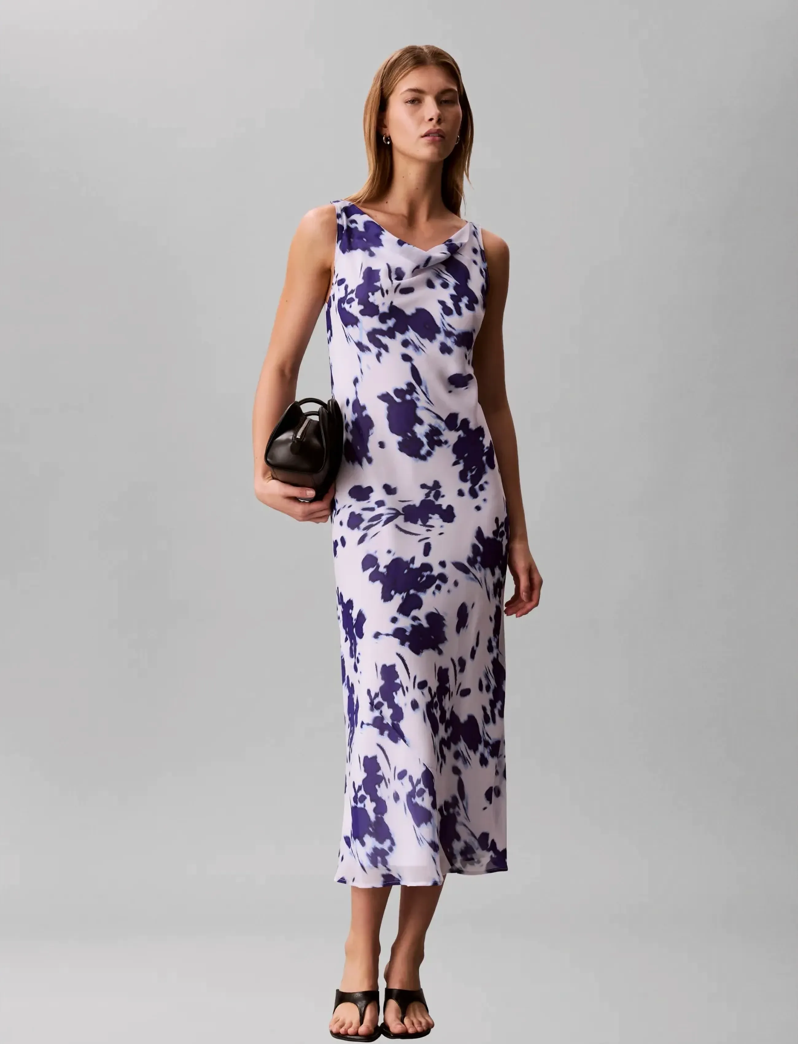 Calvin Klein Printed Chiffon Sl Cowl Neck Max, XS, Dresses, Weiß - Knee-length & Midi, Frauen